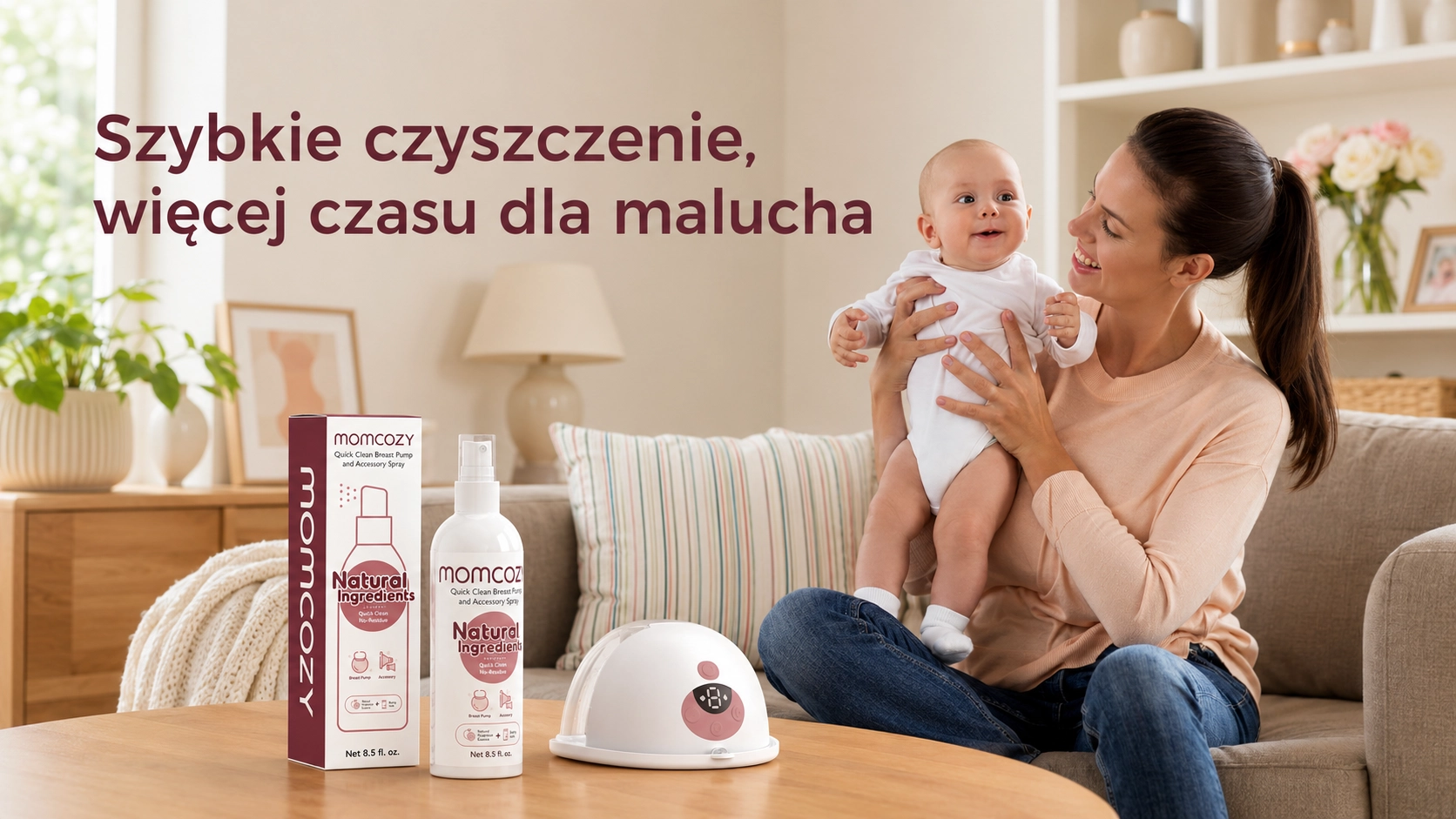 Uma mulher senta-se no sof&aacute; e sorri, segurando um beb&eacute; nos bra&ccedil;os, com um conjunto de spray para limpar o extrator de leite ao lado