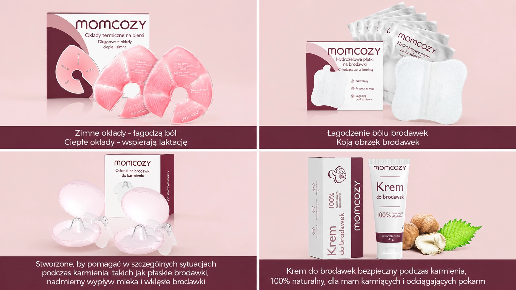 Par de compresas de gel de color rosa y otros productos de apoyo de Momcozy.