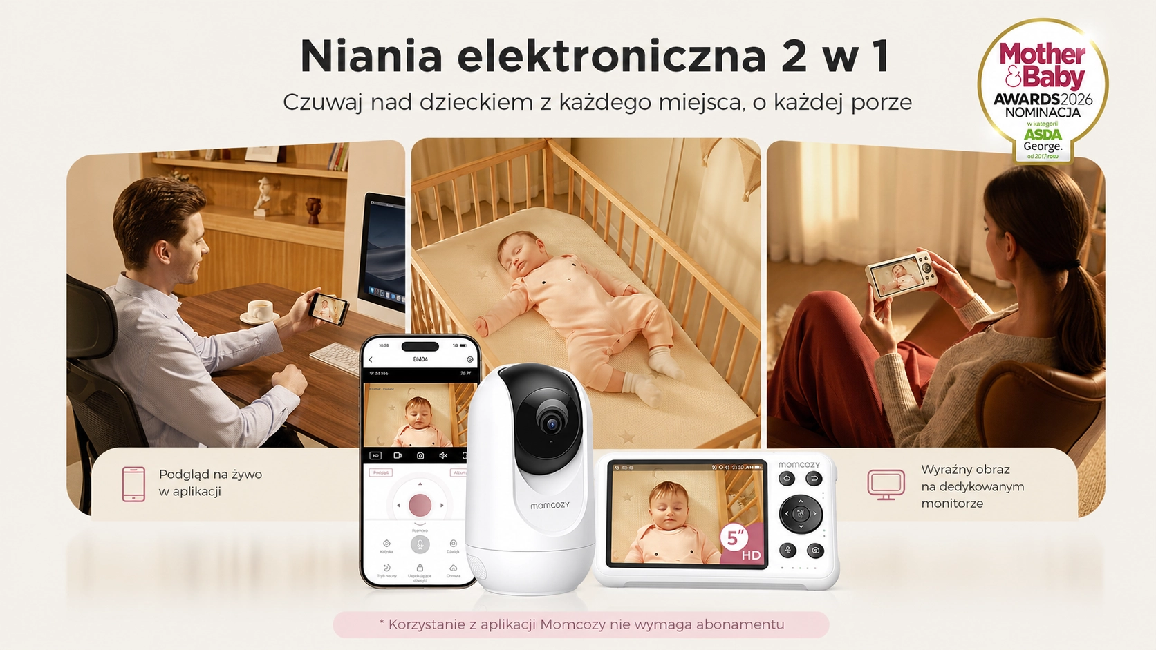 Conjunto: câmera, smartphone e monitor dedicado. Pais usando a visualização em diferentes situações. Medalha de ouro Mother&Baby.