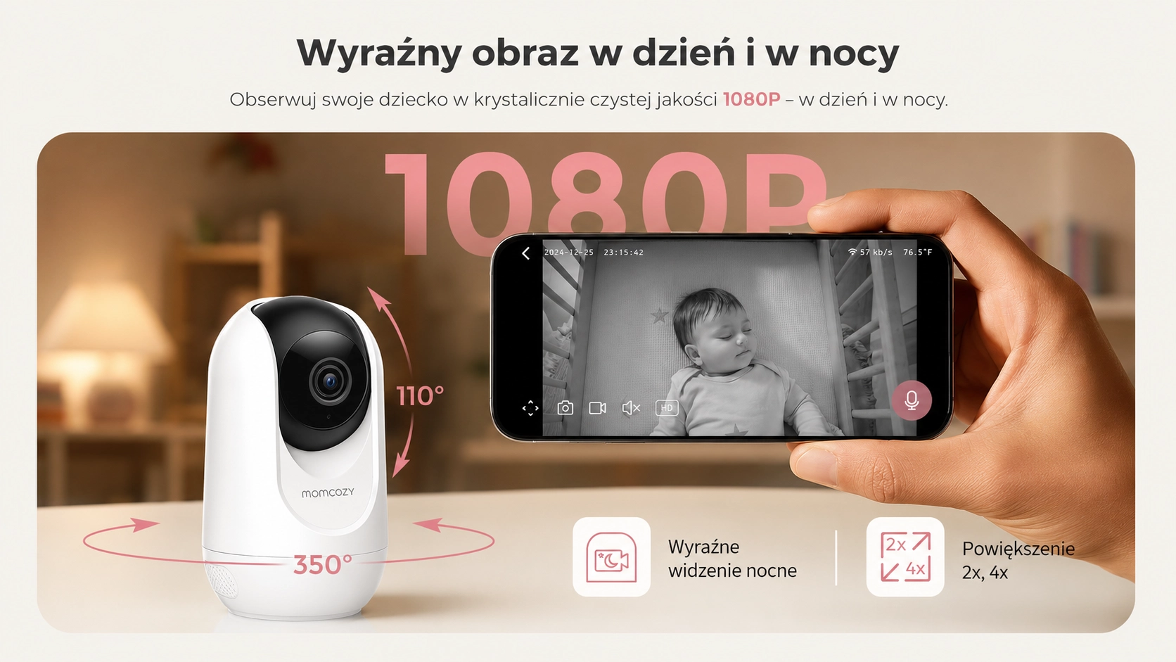 Câmera com indicação de rotação e telefone com visualização noturna de uma criança dormindo em qualidade 1080P. Ícones de funções visíveis.