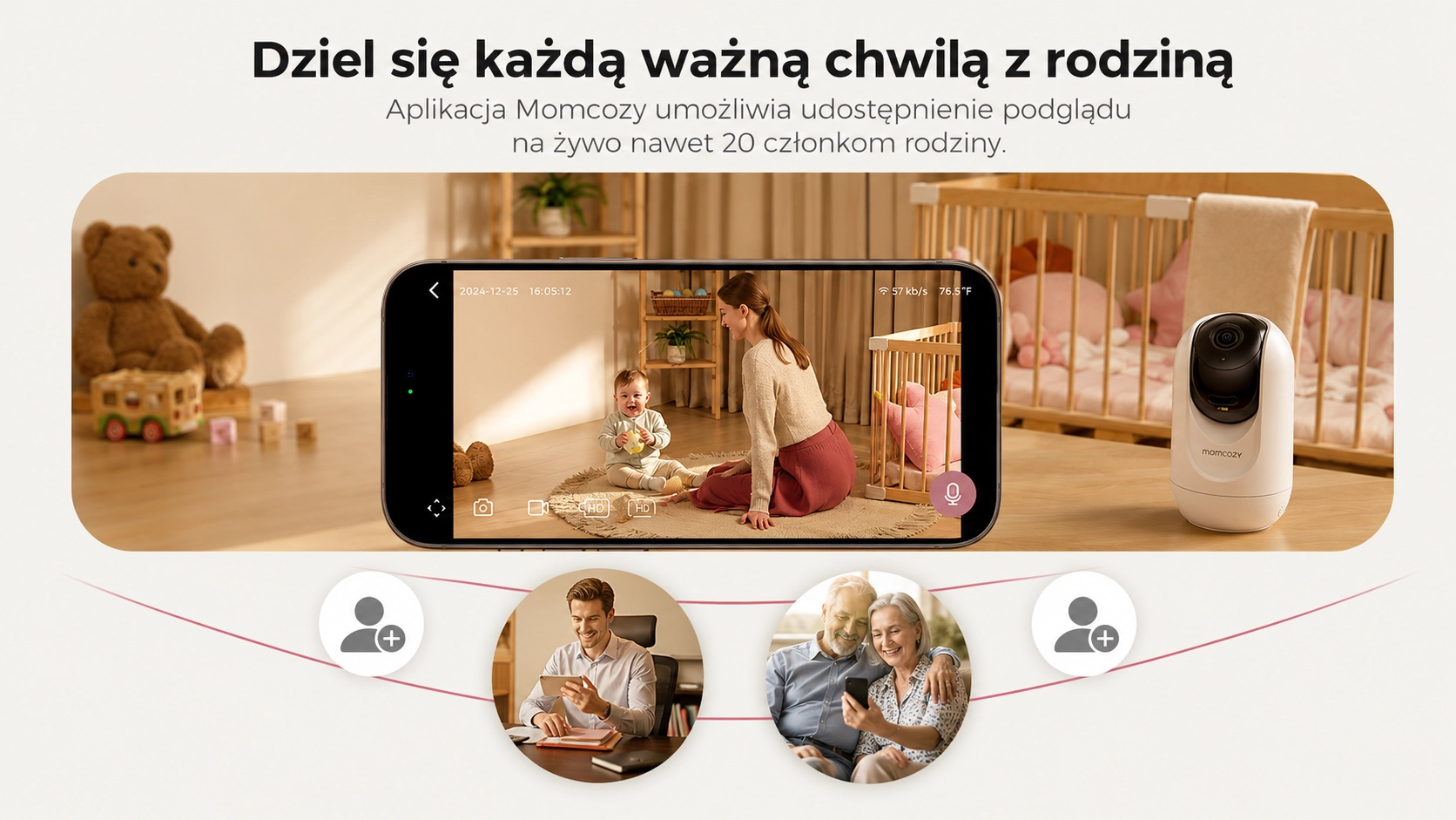 Smartphone com visualização ao vivo e ícones de membros da família: pai no trabalho e avós. Ao lado, está uma câmera branca da babá.