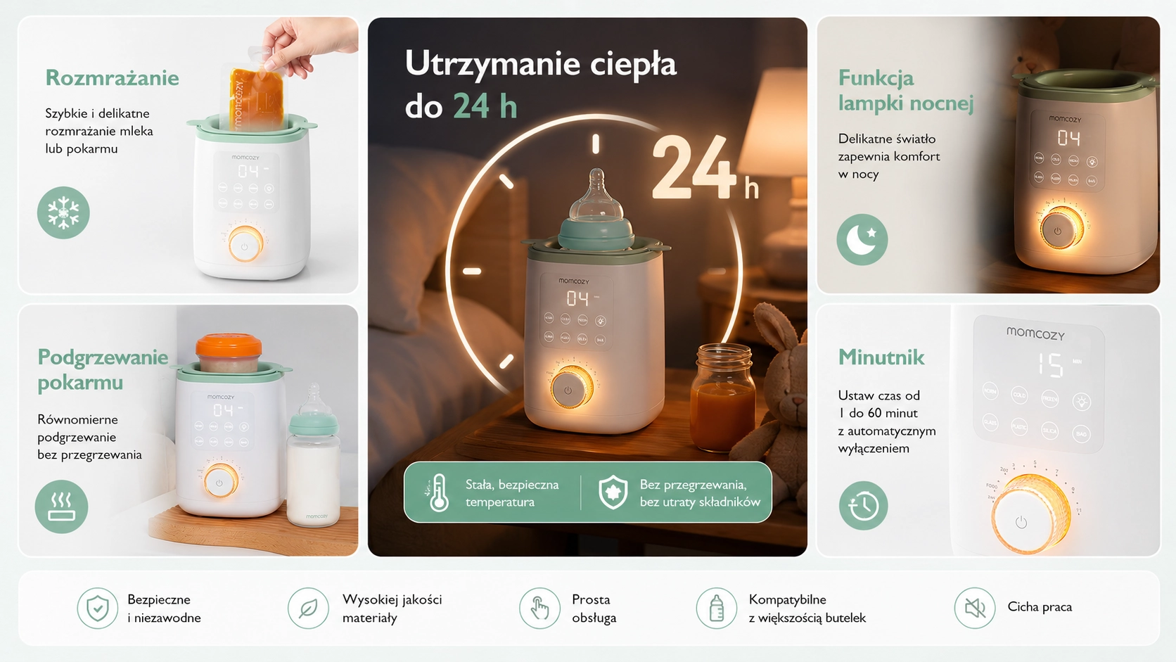 Colagem de fotos que apresenta as fun&ccedil;&otilde;es: descongela&ccedil;&atilde;o, aquecimento de alimentos, luz noturna e manuten&ccedil;&atilde;o do calor at&eacute; 24h.