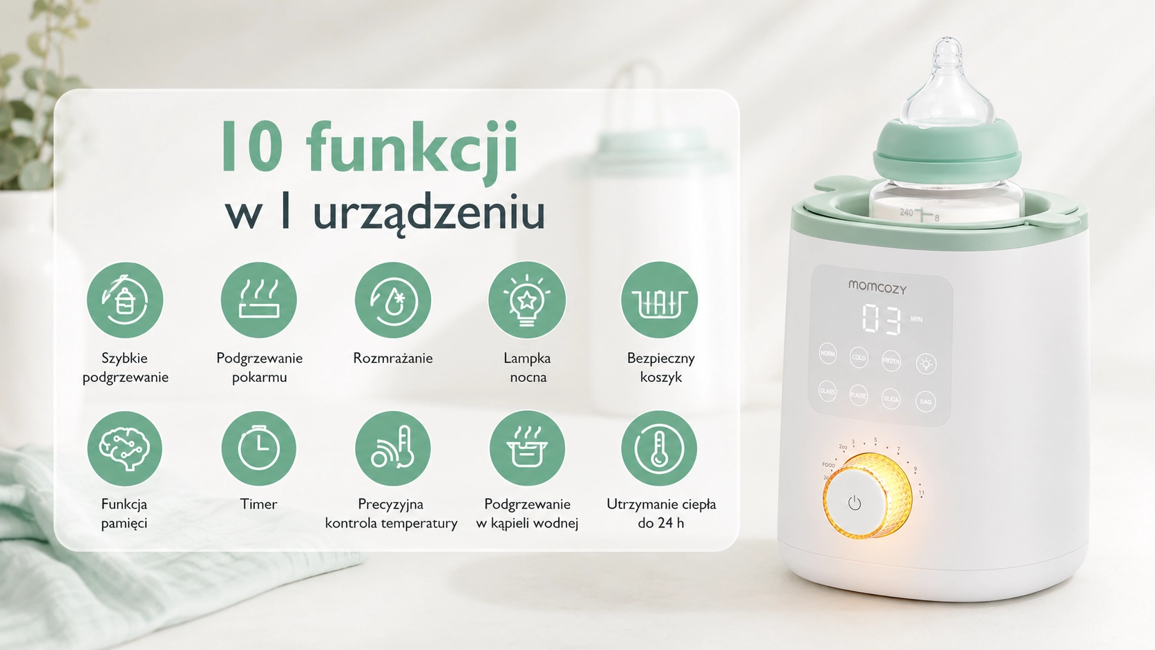 Aquecedor de biber&otilde;es com um biber&atilde;o no interior. A imagem apresenta 10 fun&ccedil;&otilde;es do dispositivo, incluindo descongela&ccedil;&atilde;o e temporizador.