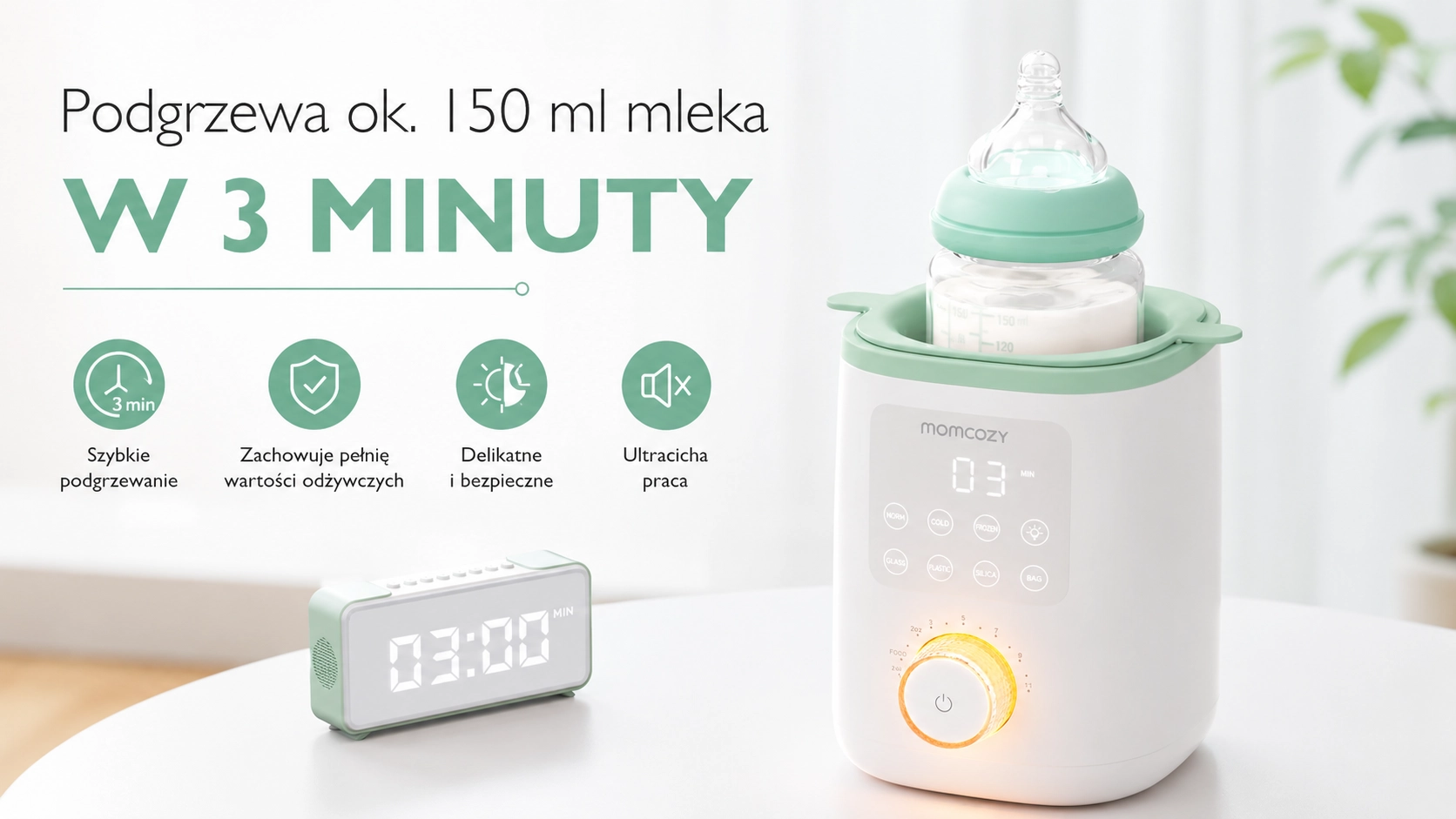 Aquecedor branco com um biber&atilde;o ao lado de um rel&oacute;gio digital a indicar 3 minutos. &Iacute;cones de fun&ccedil;&otilde;es: funcionamento silencioso e rapidez.