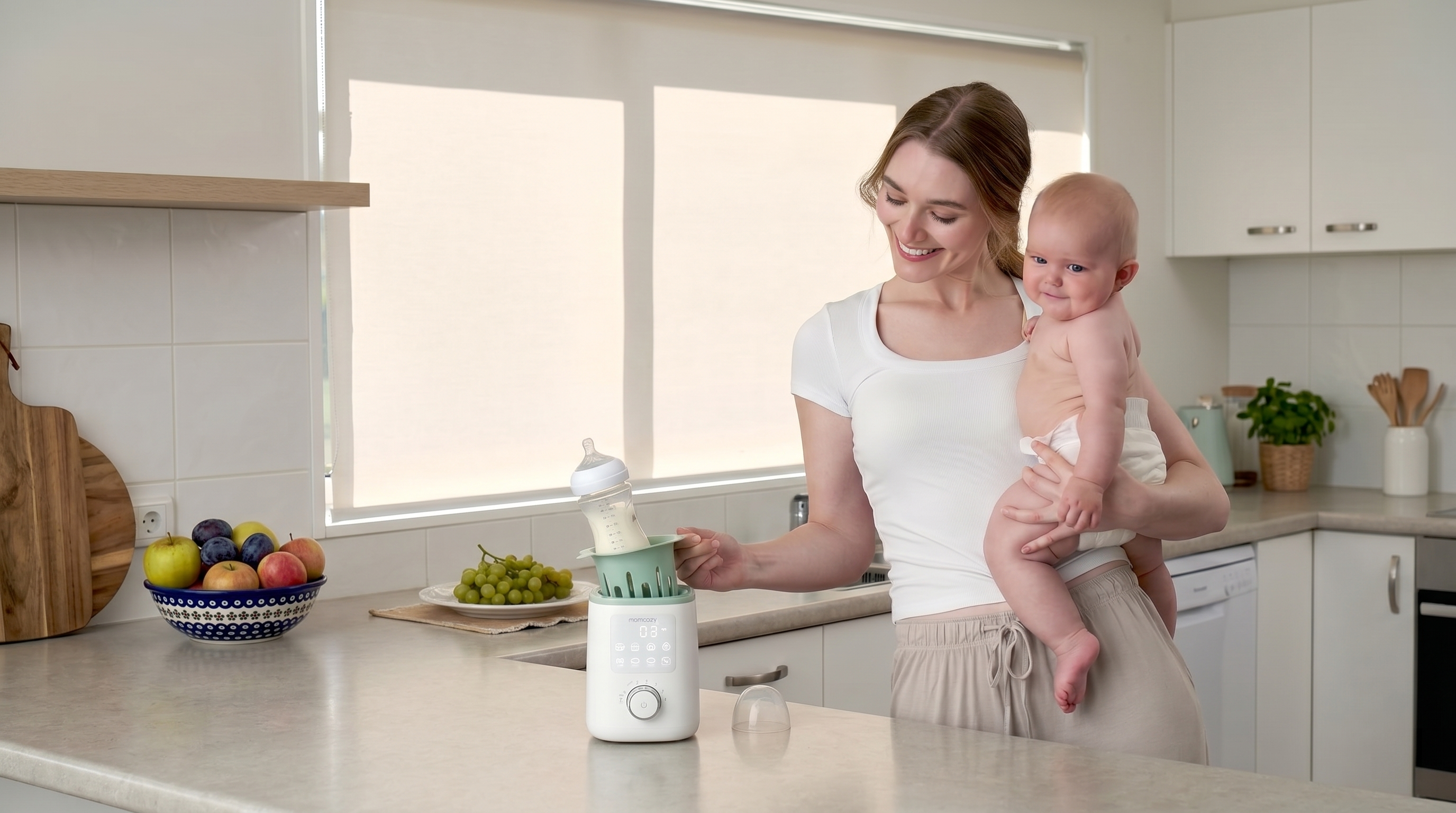 Mulher sorridente segura um beb&eacute; na cozinha e utiliza um aquecedor branco com um biber&atilde;o. Na bancada h&aacute; frutas numa ta&ccedil;a.