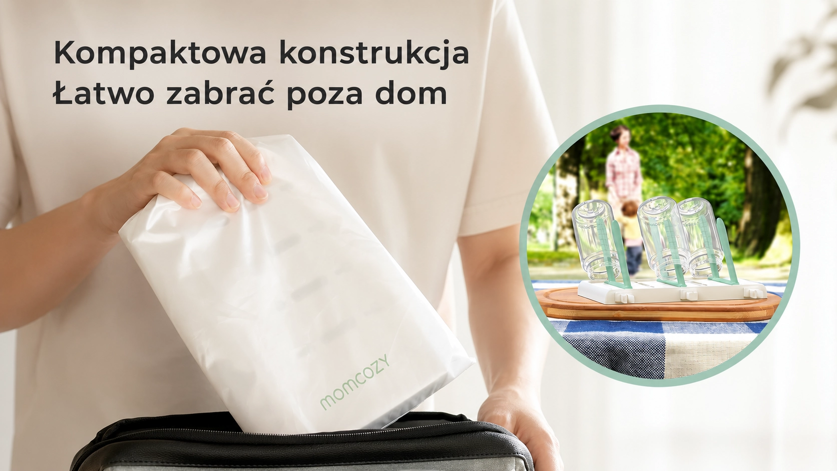 M&atilde;os colocam um secador branco numa bolsa; ao lado, num enquadramento circular, v&ecirc;em-se biber&otilde;es a secar no exterior