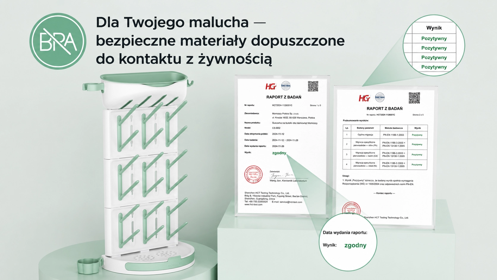 Um secador vertical branco e verde est&aacute; sobre a bancada ao lado de um documento com resultados de testes e um selo verde de &ldquo;conforme&rdquo;