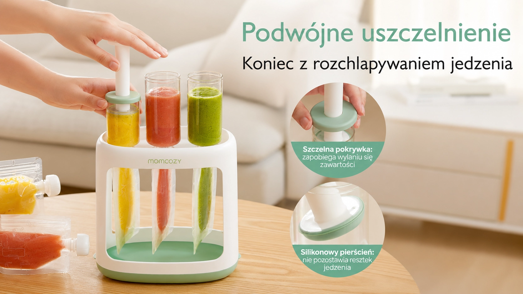 Ruce stlačují píst v nádobě se žlutým pyré; vedle jsou dva detaily zobrazující těsnění a silikonový kroužek.