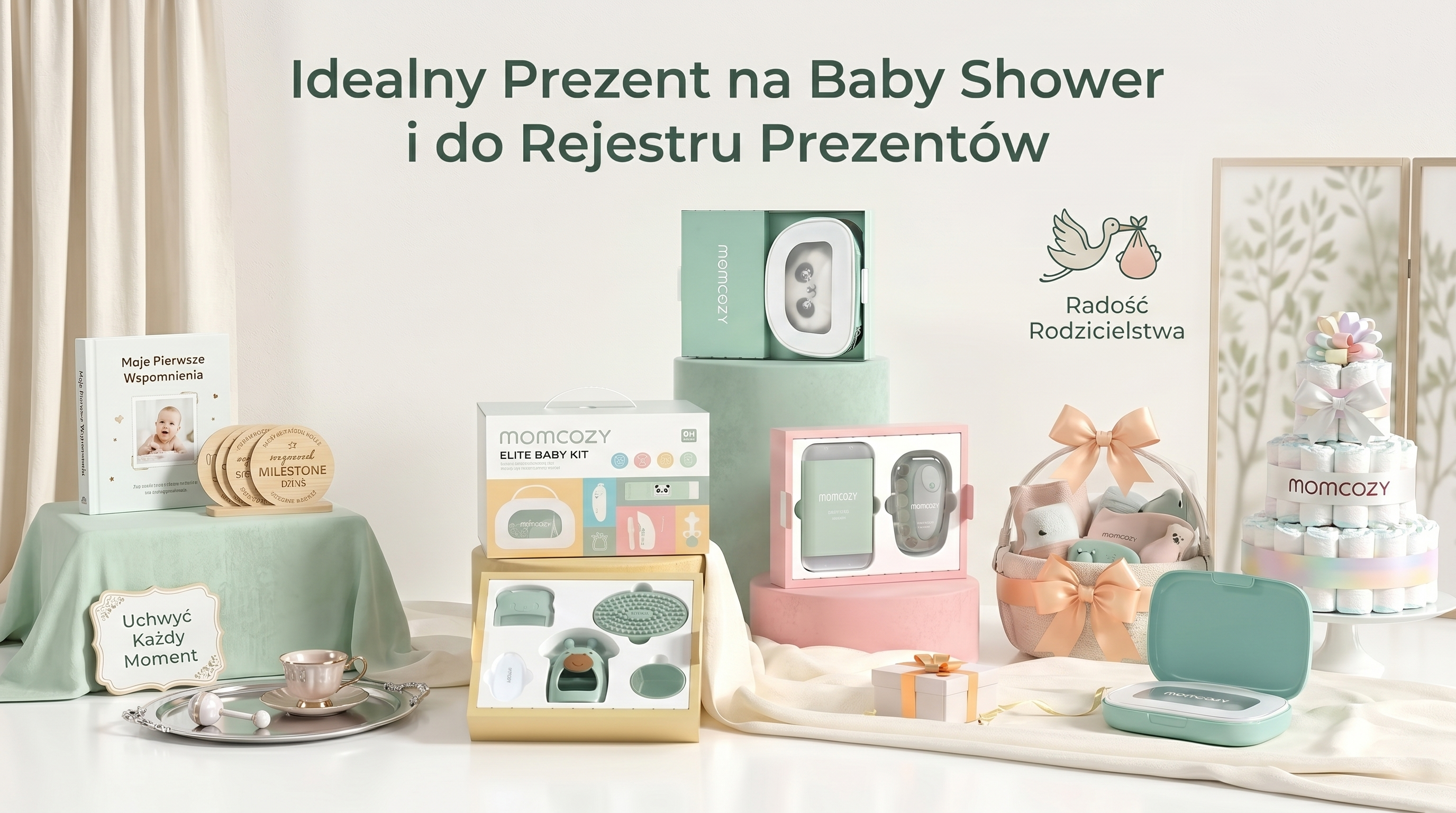 Conjuntos de oferta Momcozy, bolo de fraldas, cesto com brinquedos e &aacute;lbum de recorda&ccedil;&otilde;es dispostos como presente para baby shower.