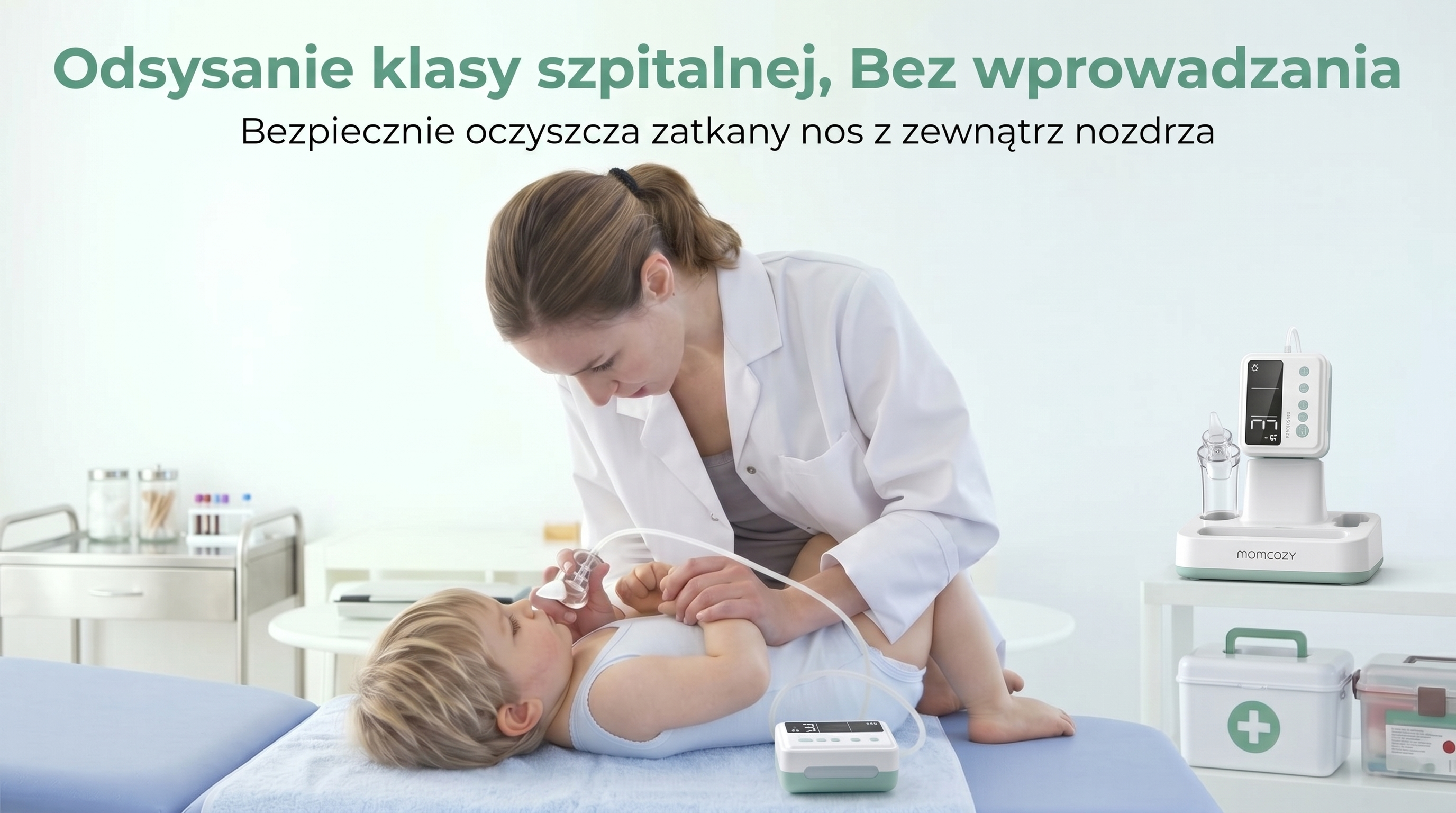 Lékařka v bílém plášti čistí nos ležícího kojence stacionárním lékařským aspirátorem v ordinaci.