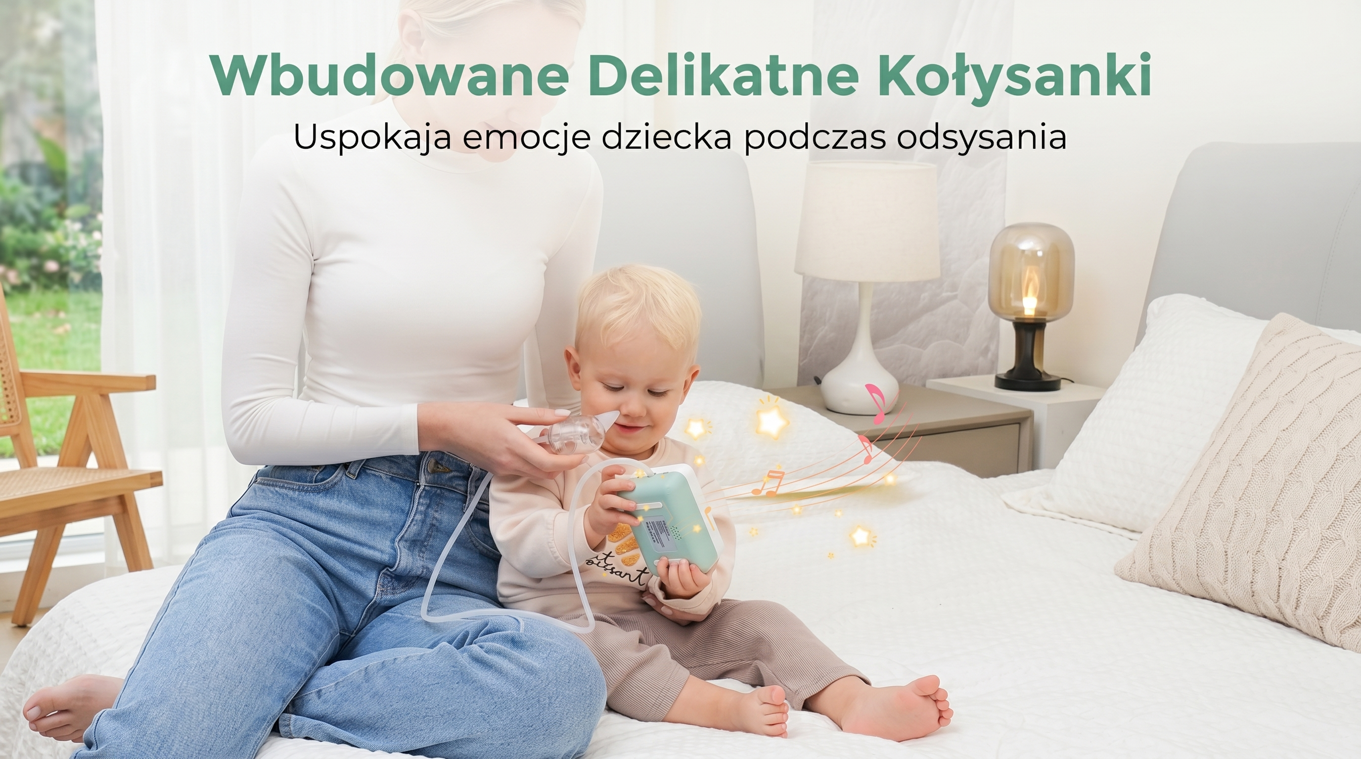 Maminka čistí nos sedícímu dítěti stacionárním aspirátorem Momcozy; z přístroje zní uklidňující ukolébavky