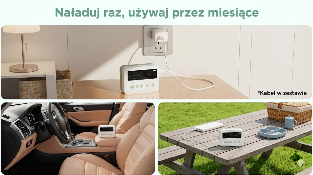 Tři snímky nabíjení aspirátoru Momcozy: ze síťové zásuvky, v autě a pomocí powerbanky venku.
