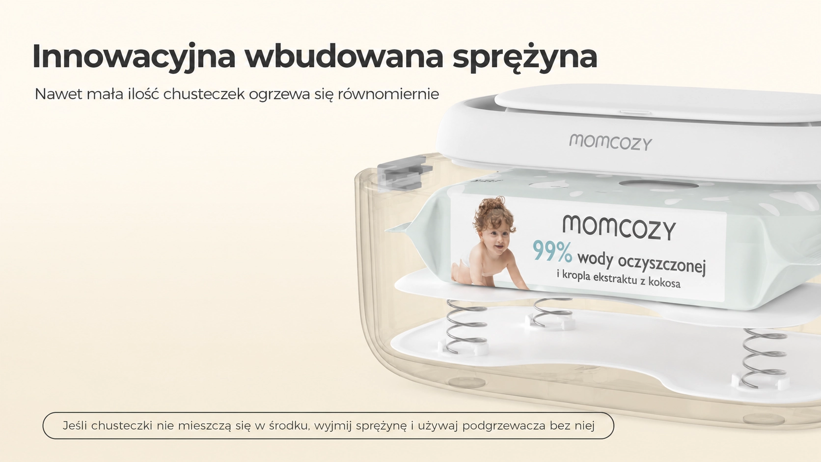 Momcozy vauvan kosteuspyhelämmitys valkoinen pyyhelämmitys sijoitettuna kotiin vauvanhoitoalueelle.