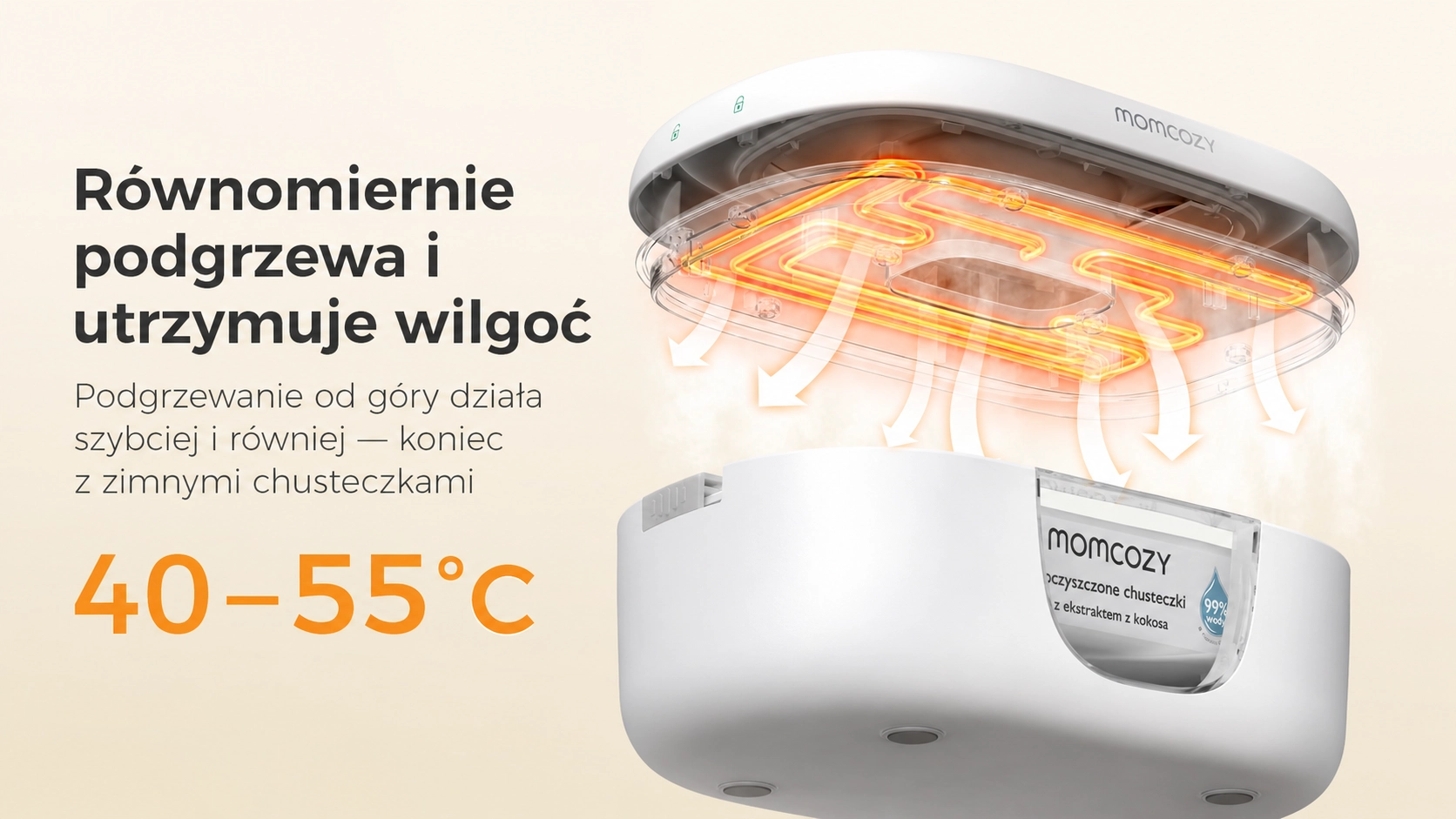 Näköala Momcozy-lämmittimen sisäpuolelta ylälämmityspaneelin ja tilan kanssa kosteuspakkaukselle.