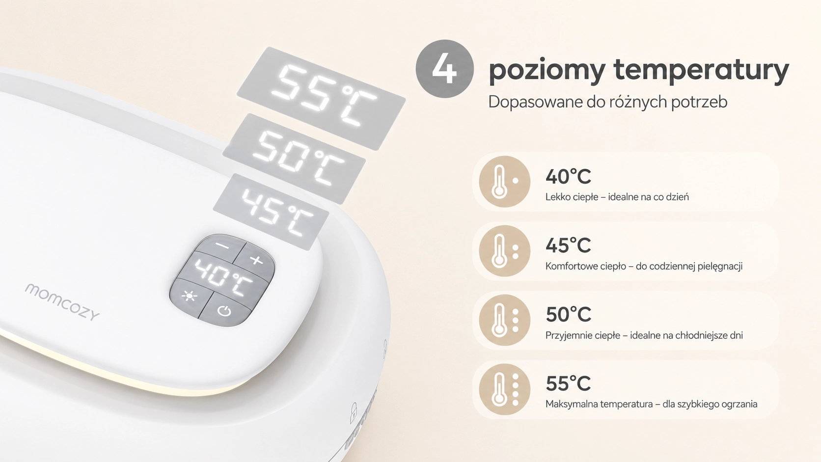 Momcozy-lämmittimen ohjauspaneeli lämpötilansäätöpainikkeilla ja näytöllä.