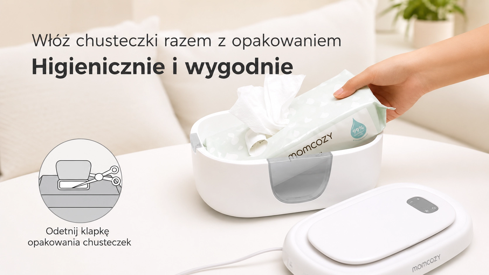 Momcozy-lämmittimen koon vertailu, joka näyttää tilavan osaston kosteuspakkauksille.