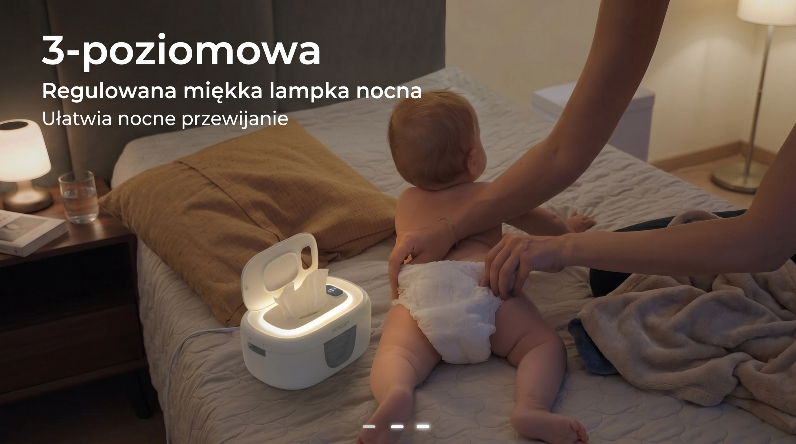 Podświetlony podgrzewacz pełni funkcję lampki nocnej podczas przewijania niemowlęcia w ciemnym pokoju.