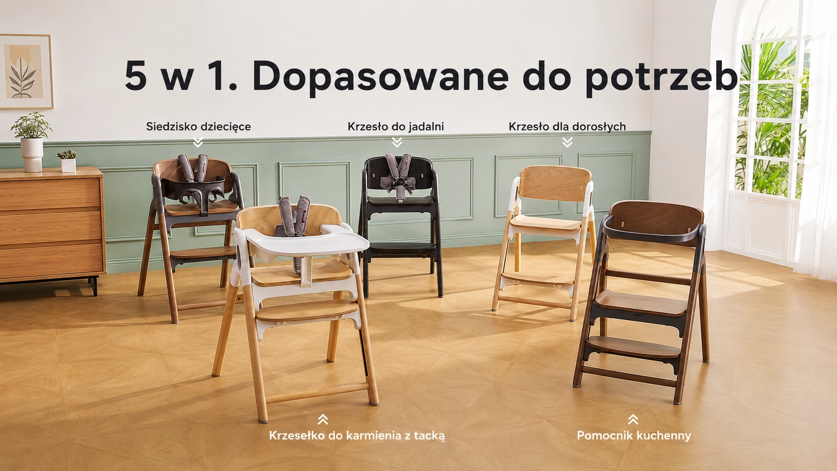 Pięć konfiguracji krzesełka Momcozy DinerPal, od wersji dla niemowlaka z tacką po wysokie krzesło dla dorosłych.