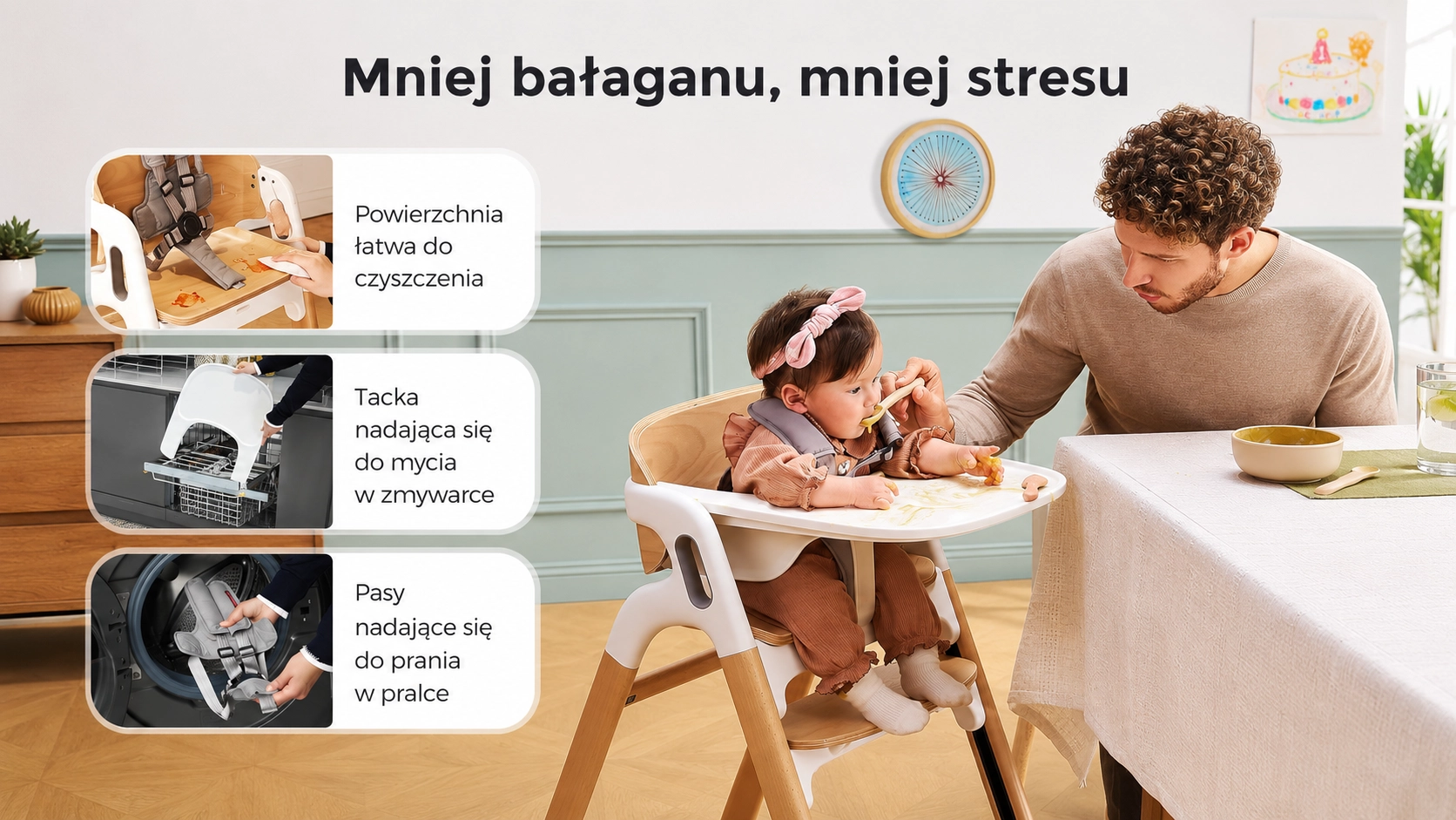 Ojciec karmi dziecko w krzesełku Momcozy. Obok miniatury pokazujące mycie tacki w zmywarce i pranie pasów.