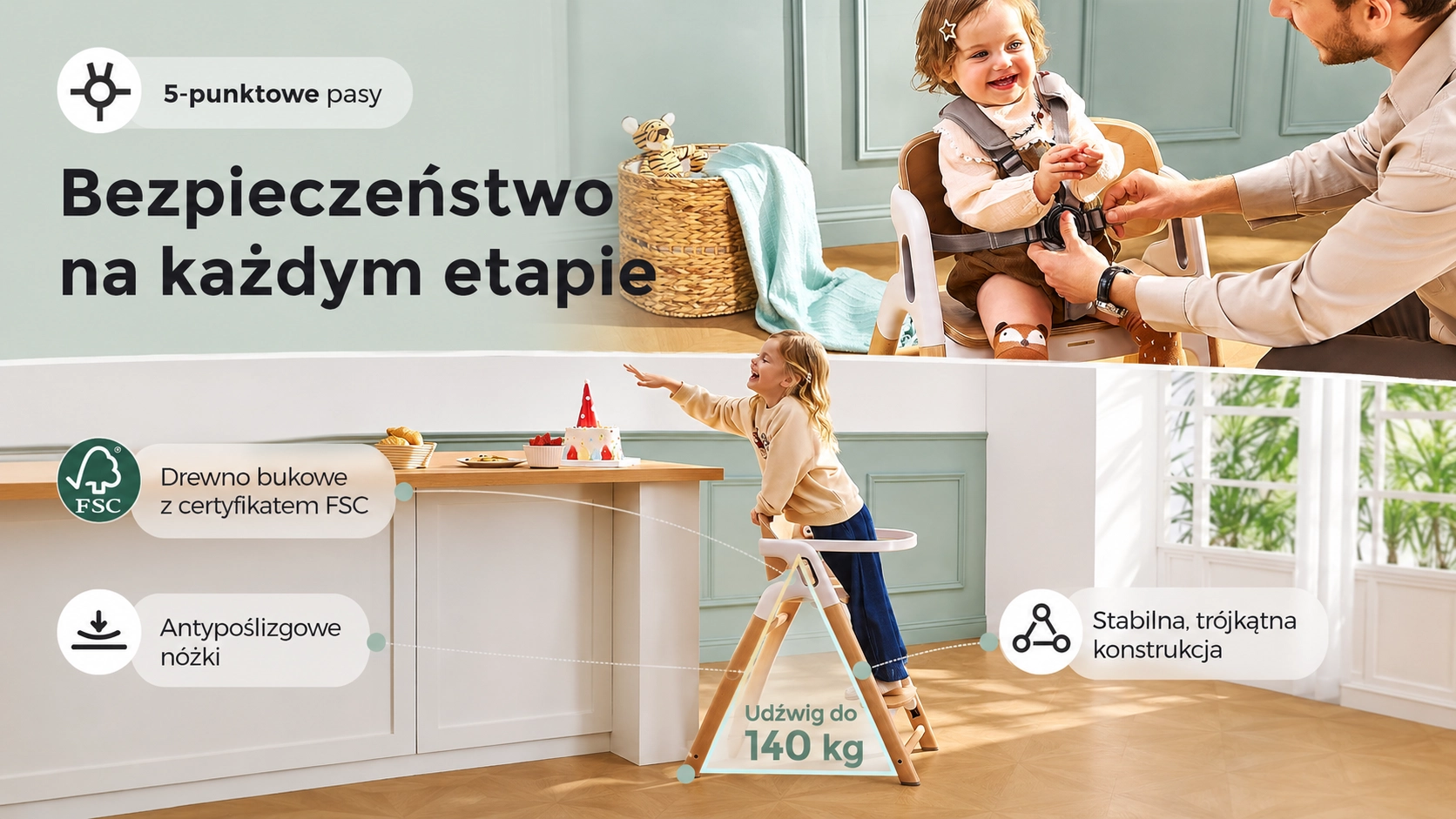 Mężczyzna zapina pasy dziecku w krzesełku Momcozy, poniżej dziewczynka na krzesełku z zaznaczonym udźwigiem do 140 kg.