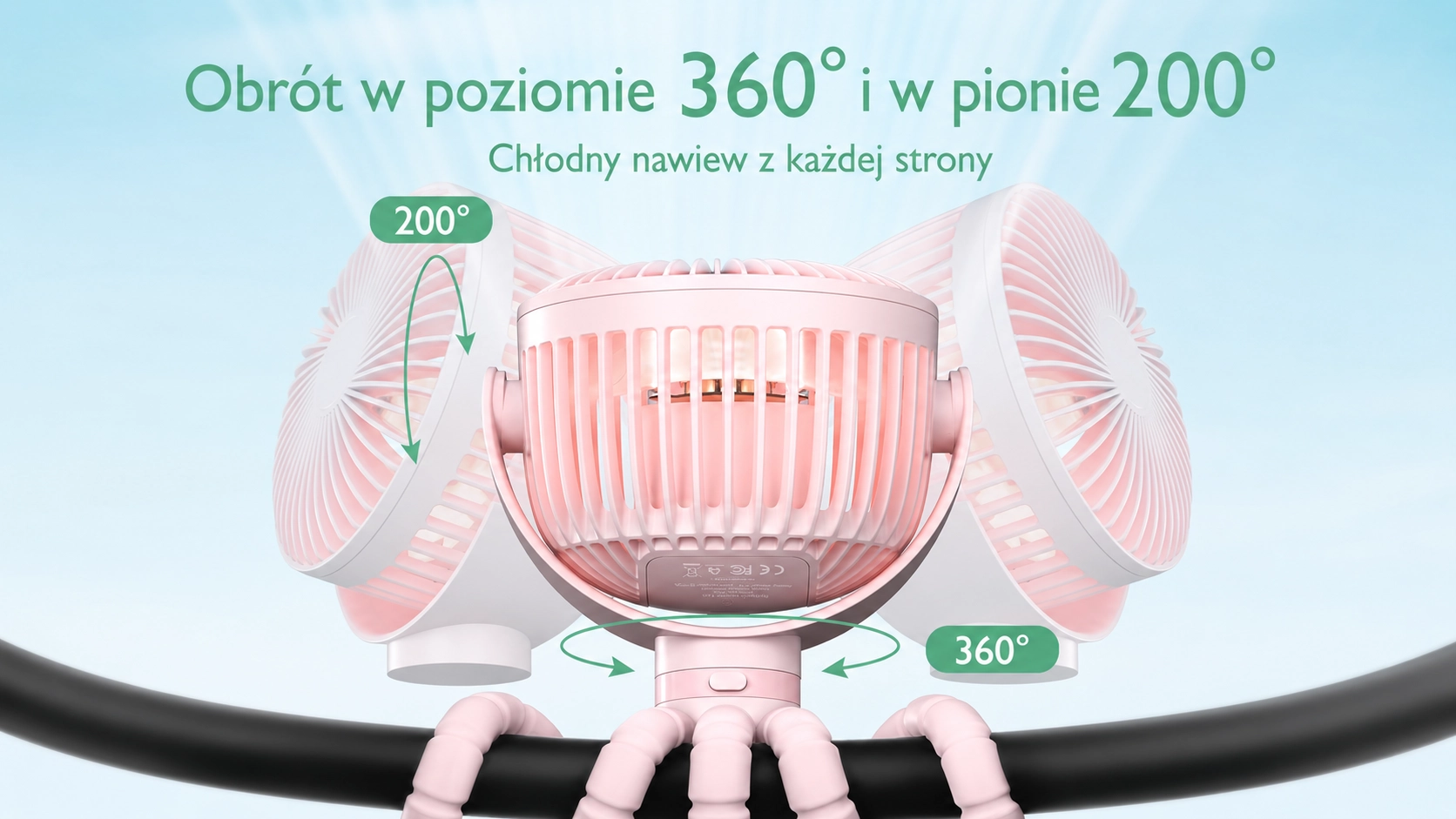Pink portable fan on flexible legs with arrows showing head rotation vertically and horizontally.