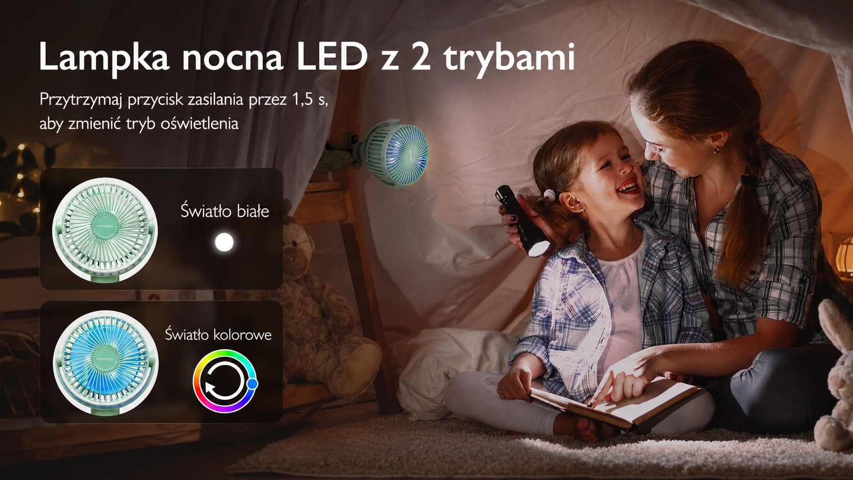 Madre e figlia leggono un libro in una tenda illuminata dal ventilatore Momcozy con modalità di luce bianca e colorata