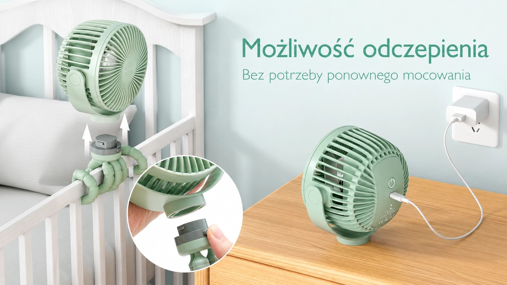 Ventilatore Momcozy rosa staccabile dal supporto, avvolto attorno al letto, caricato con cavo USB su una cassettiera in legno