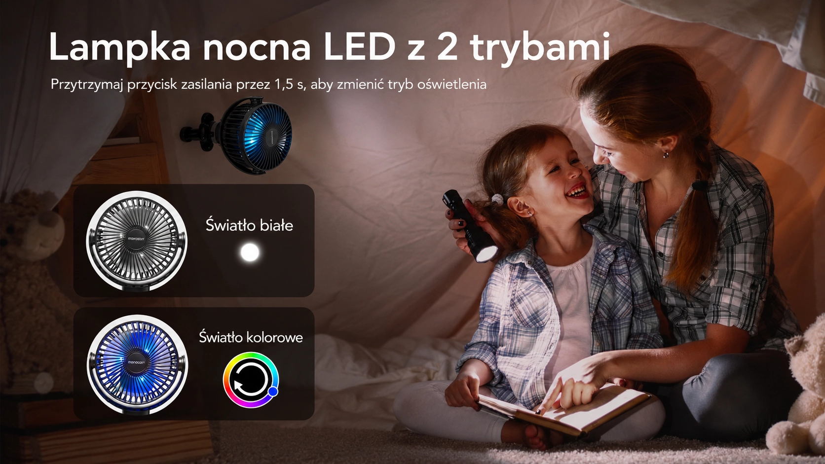 Matka z córką czytają książkę w namiocie oświetlonym przez wiatraczek Momcozy z trybem białego i kolorowego światła