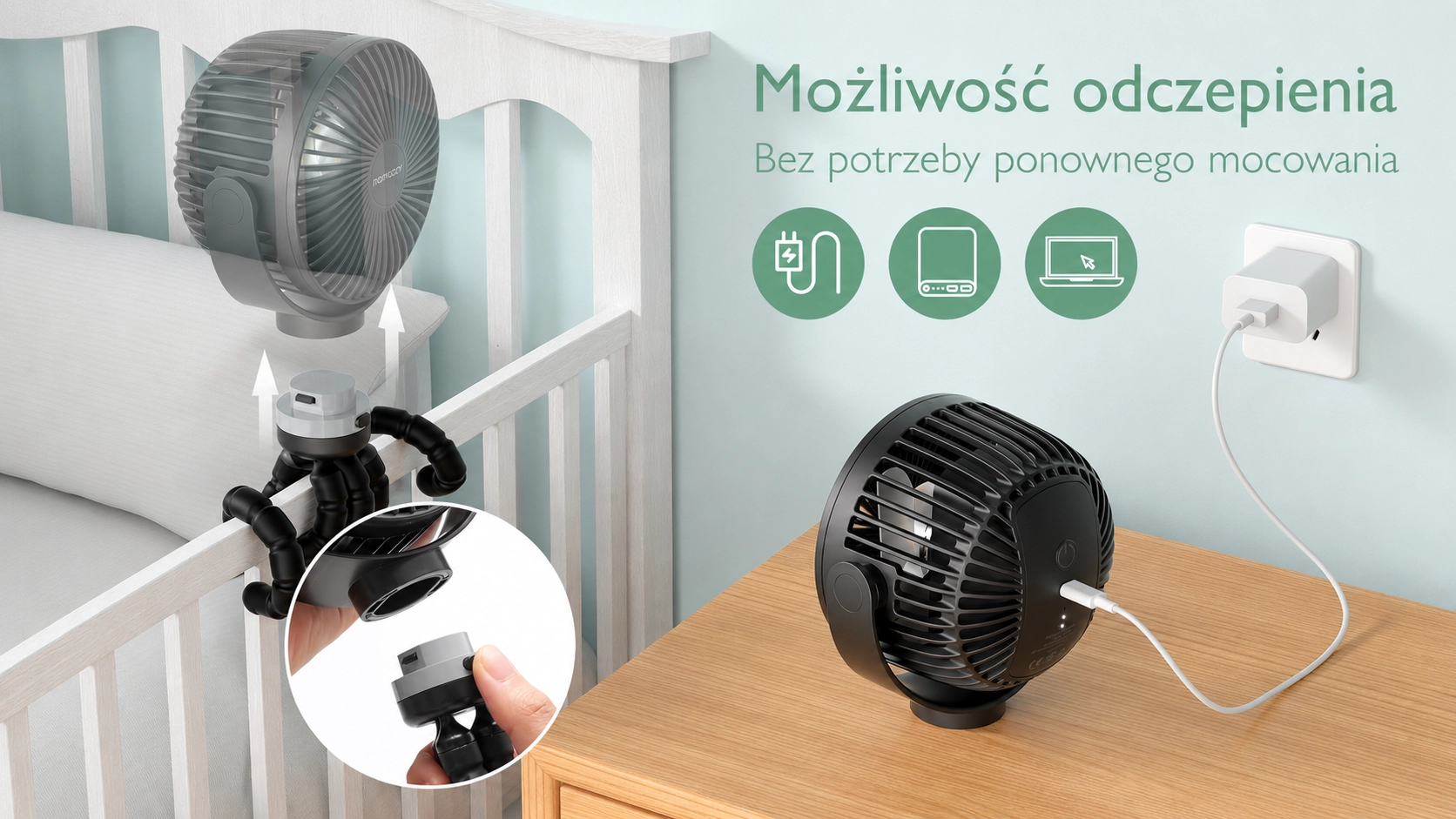 Różowy wentylator Momcozy odczepiany od statywu oplatany wokół łóżka, ładowany kablem USB na drewnianej komodzie