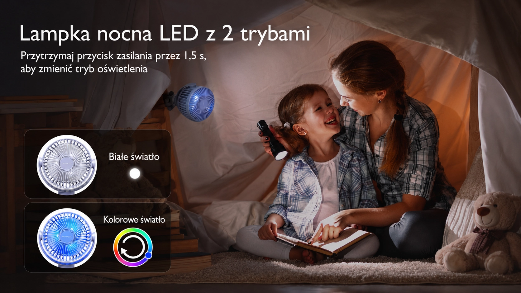 Mãe e filha leem um livro numa tenda iluminada pelo ventilador Momcozy com modo de luz branca e colorida