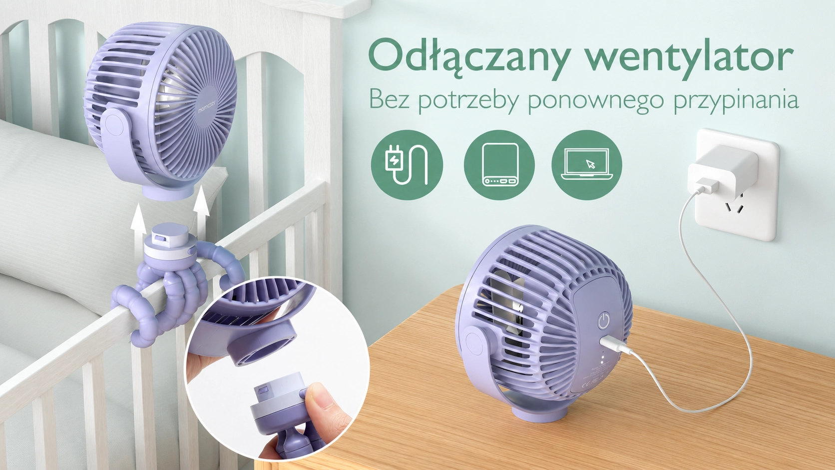 Ventilador Momcozy roxo destacável do tripé, enrolado à volta da cama, carregado por cabo USB numa cómoda de madeira