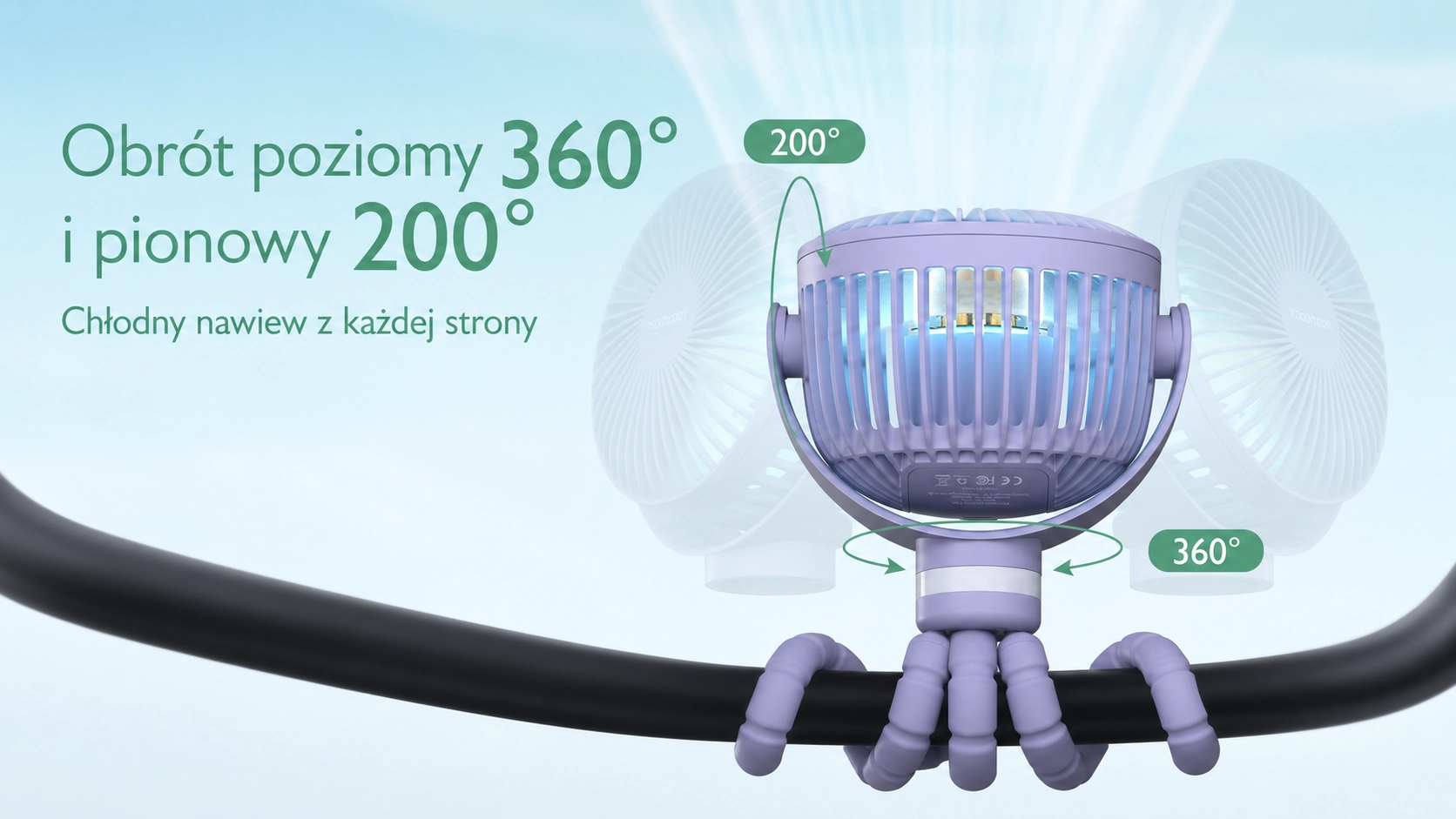 Ventilador portátil roxo com pernas flexíveis e setas que indicam a rotação da cabeça na vertical e na horizontal.