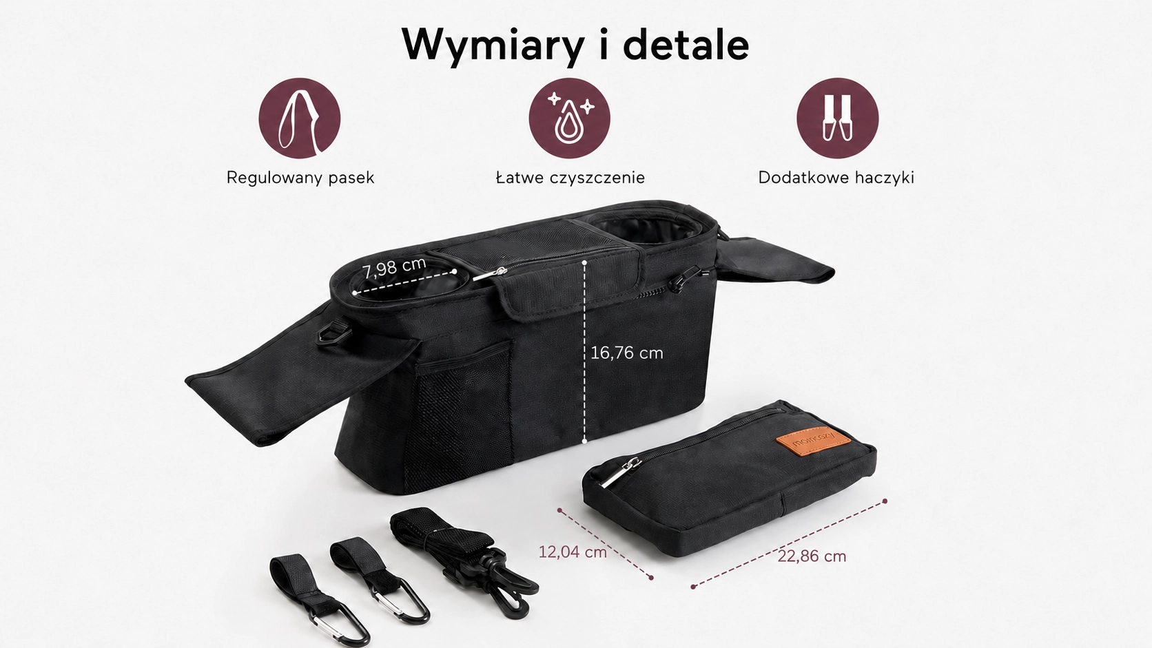 Organizador preto com bolsa destac&aacute;vel, al&ccedil;a e ganchos, complementado por gr&aacute;ficos de tr&ecirc;s &iacute;cones de produto.