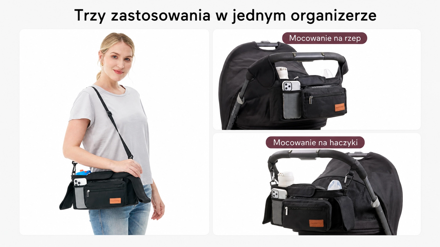 Mulher com uma bolsa ao ombro e dois enquadramentos mostrando a fixa&ccedil;&atilde;o do organizador na pega do carrinho com velcro e ganchos.