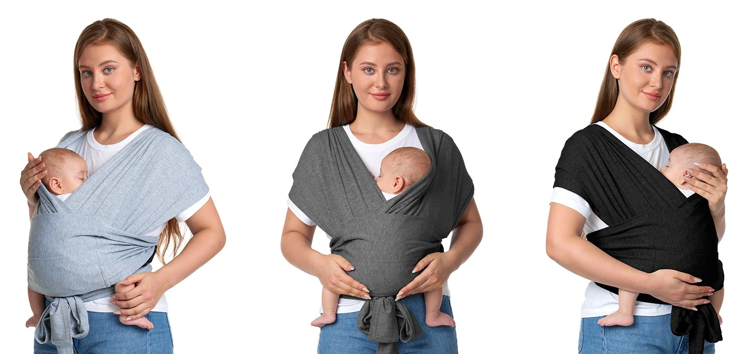 Zestawienie trzech wersji kolorystycznych chusty do noszenia niemowląt: jasnoszarej, ciemnoszarej oraz czarnej