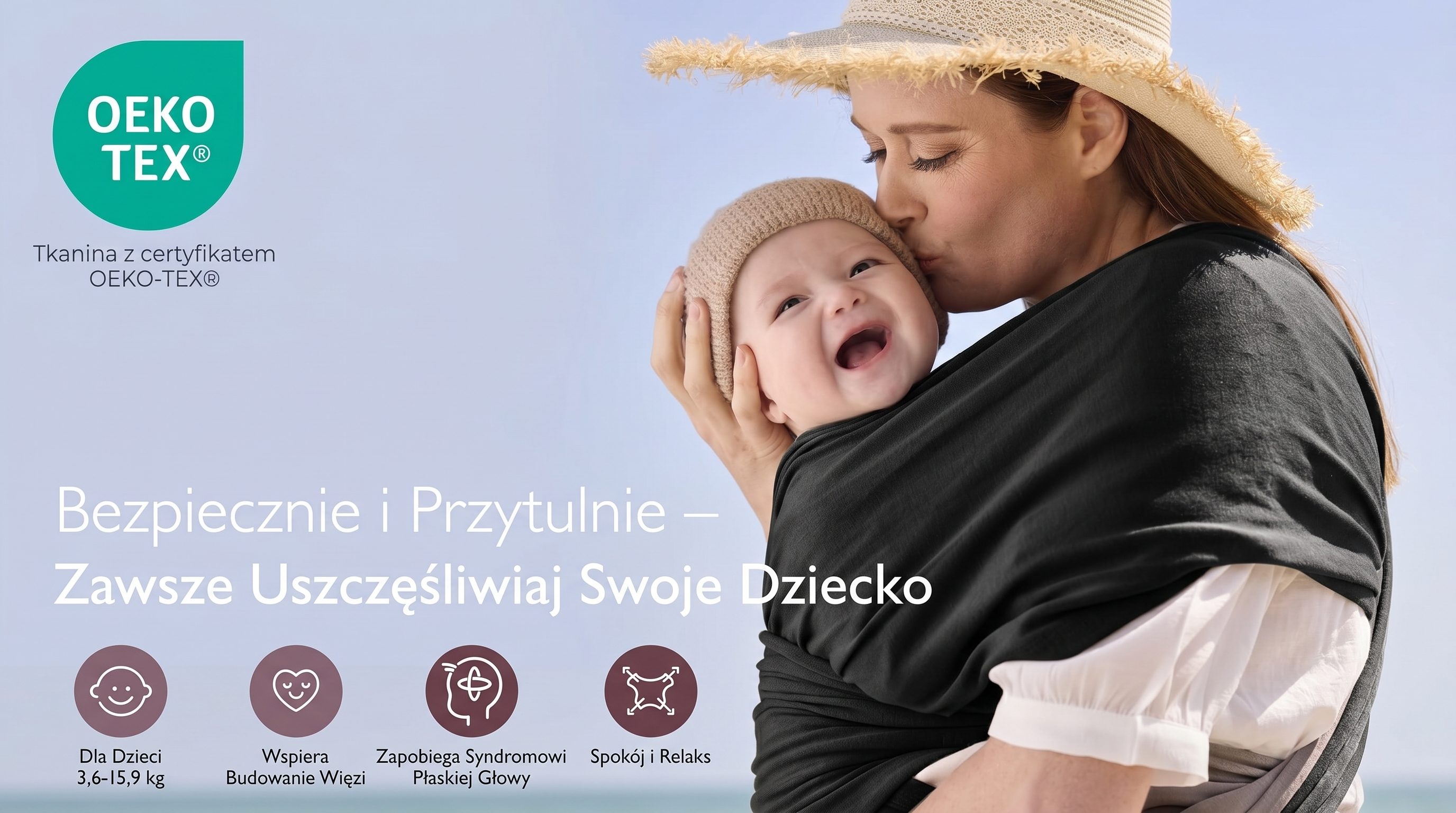 Canguru tipo sling Momcozy M20SSCJ01 Baby Wrap. M&atilde;e abra&ccedil;ando e beijando um beb&ecirc; em um sling preto contra um c&eacute;u claro.
