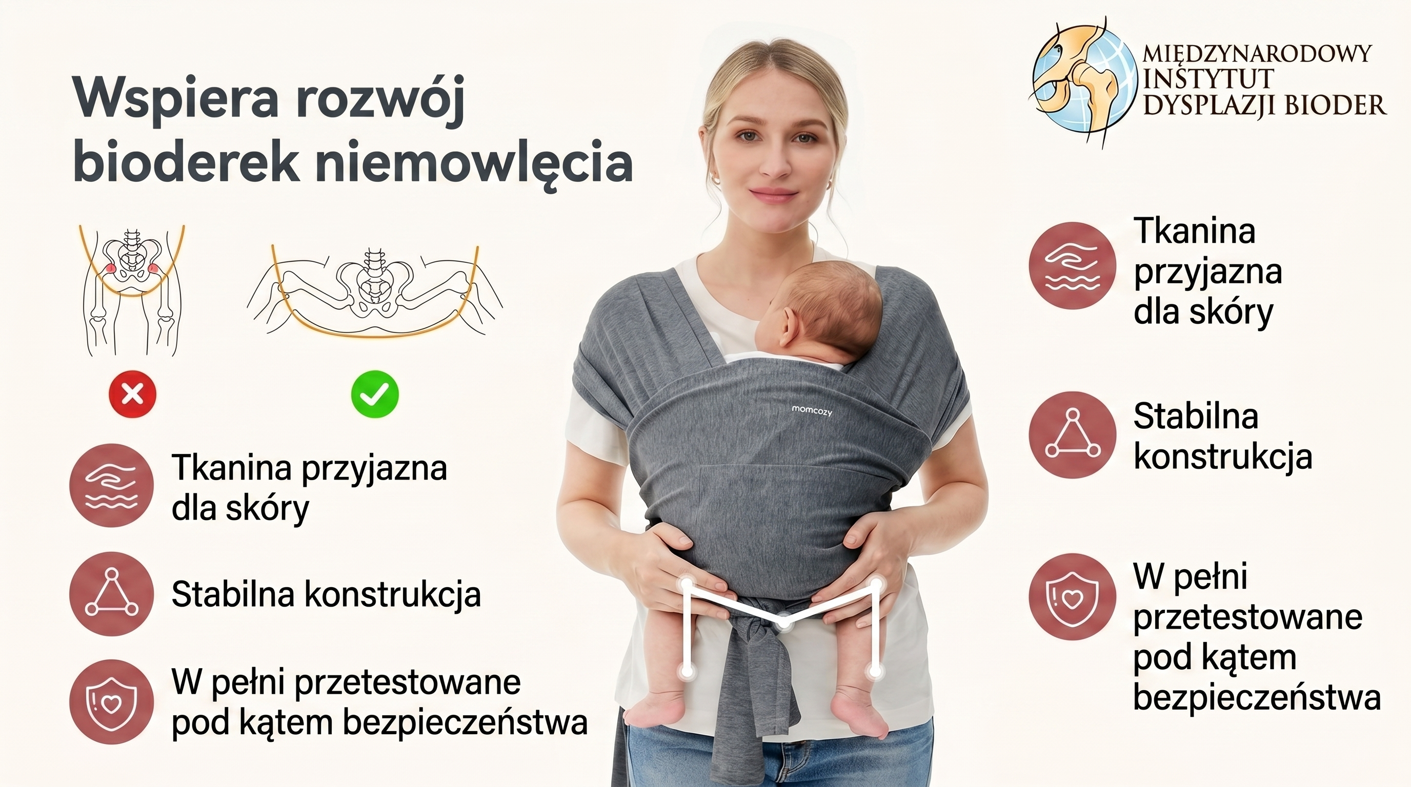 Tragetuch Momcozy M20SSCJ01 Baby Wrap Carrier Dark Grey. Mutter mit Baby, daneben das Logo des Instituts für Hüftdysplasie.