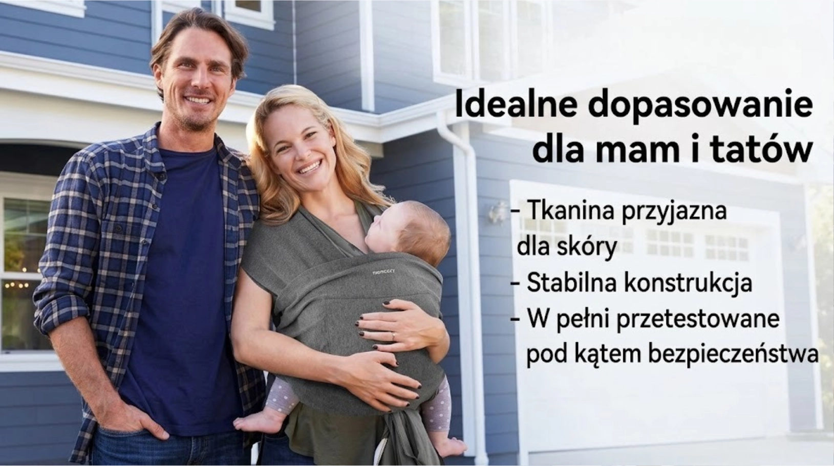 Tragetuch Momcozy M20SSCJ01 Baby Wrap Carrier Dark Grey. Eine Frau und ein Mann lächeln vor dem Haus mit einem Kind.