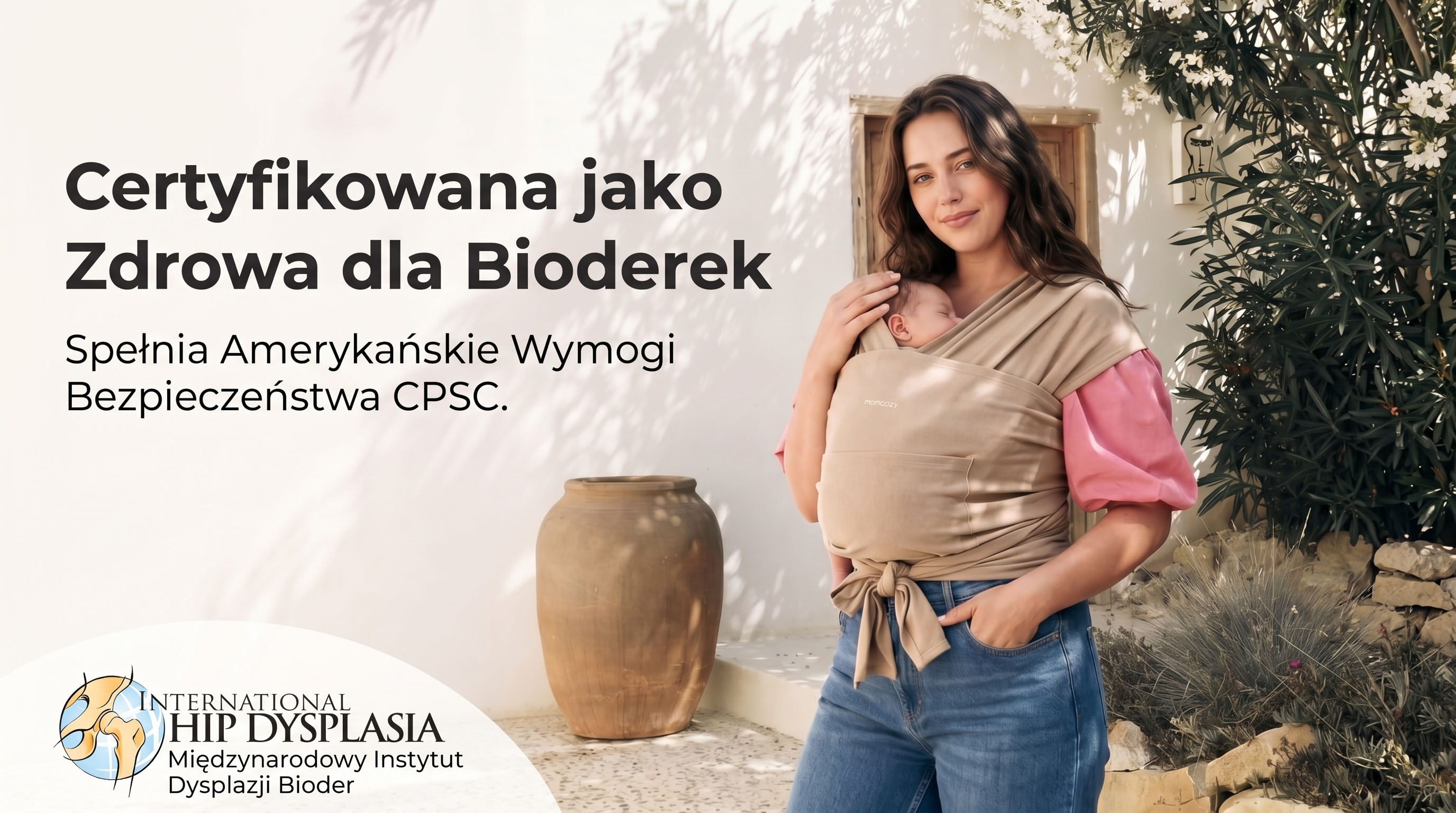 Portabebés de fular Momcozy M20SSCJ01 Baby Wrap. Mujer con un bebé en un fular al aire libre, junto al logo del Instituto de Displasia.