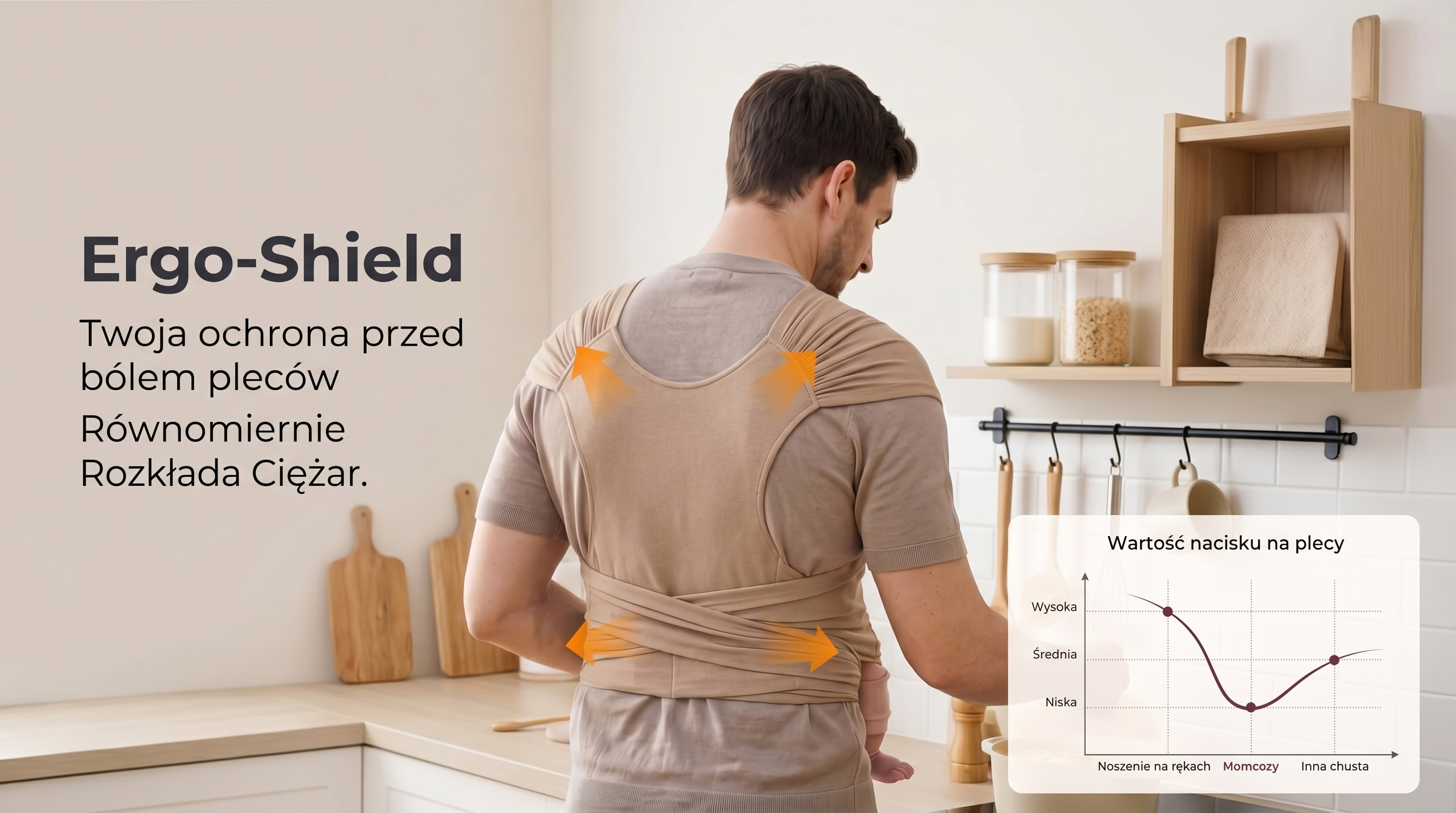 Portabebés de fular Momcozy M20SSCJ01 Baby Wrap. Hombre en la cocina de espaldas, mostrando las correas Ergo-Shield y un gráfico de presión.