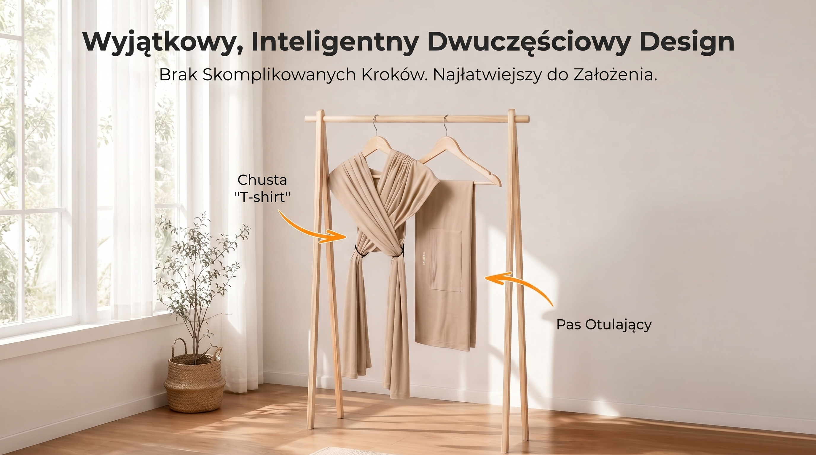 Portabebés de fular Momcozy M20SSCJ01 Baby Wrap. Elementos del fular en color beige cuelgan de una percha de madera en una habitación.