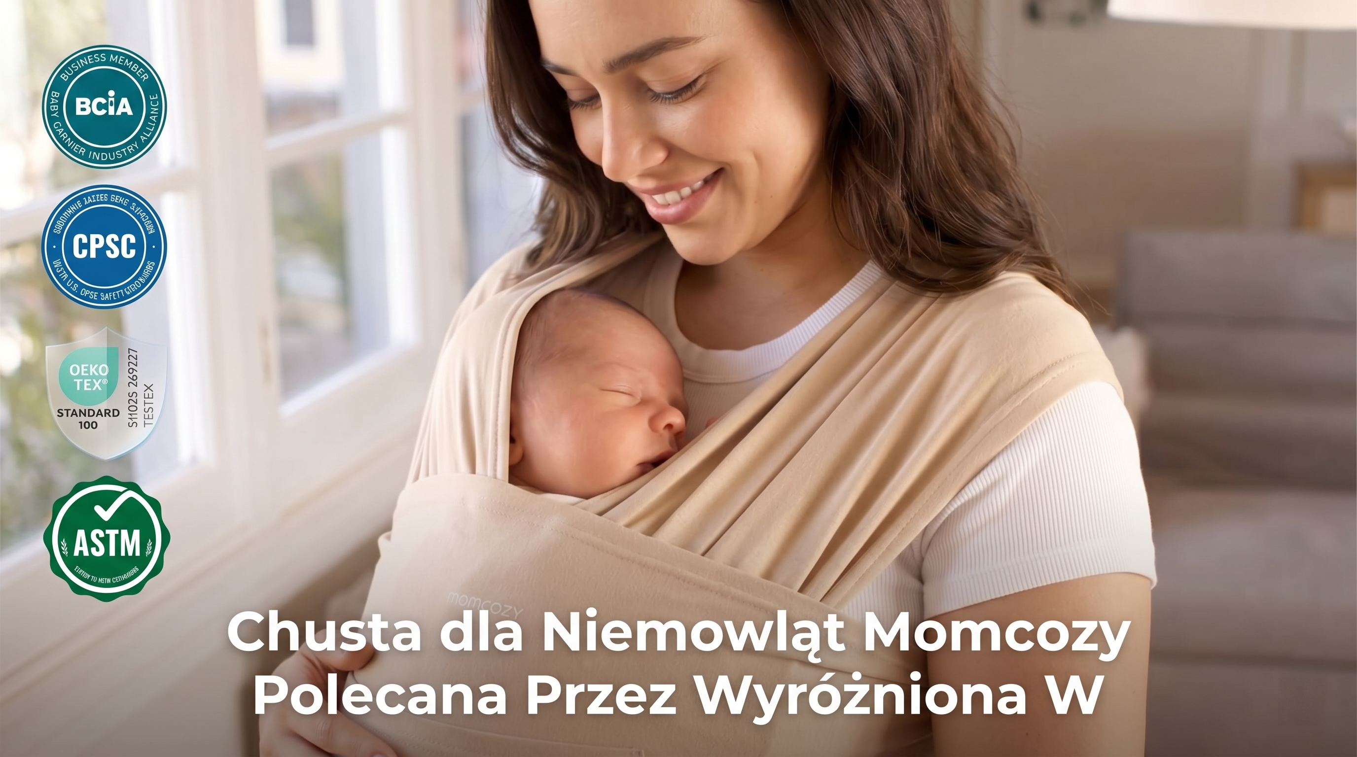 Portabebés de fular Momcozy M20SSCJ01 Baby Wrap. Mujer acuna a un bebé dormido en un fular. A un lado se ven cuatro certificados.