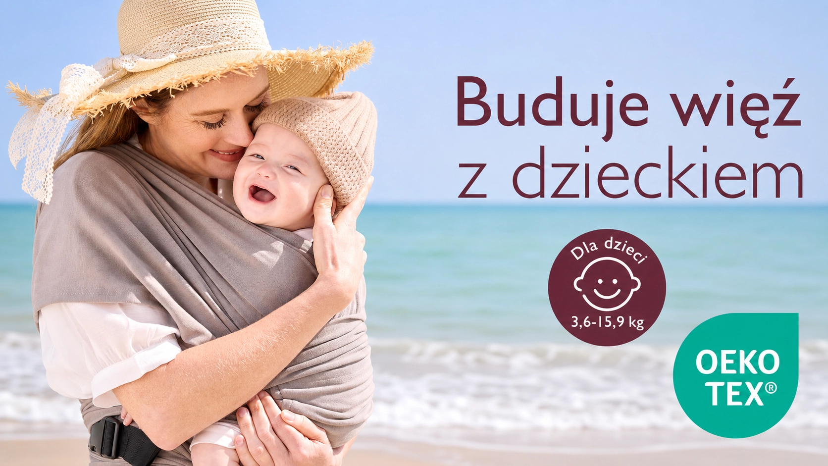 Marsupio a fascia Momcozy M20SSCJ01 Baby Wrap. Una donna con cappello di paglia abbraccia un bambino sorridente sulla spiaggia.