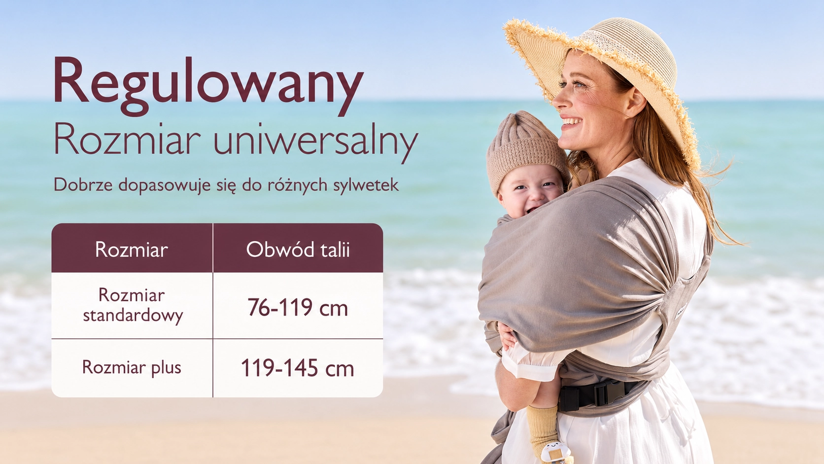 Marsupio a fascia Momcozy M20SSCJ01 Baby Wrap. Profilo di una donna con bambino sulla spiaggia accanto a una tabella delle misure della vita.