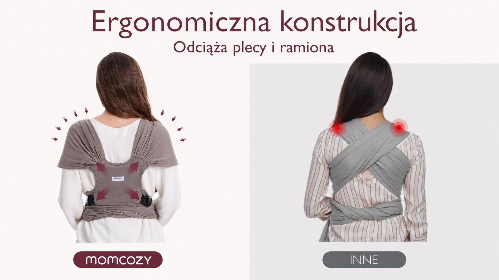 Marsupio a fascia Momcozy M20SSCJ01 Baby Wrap. Confronto tra la schiena dei modelli Momcozy con pannello ampio e una fascia classica.