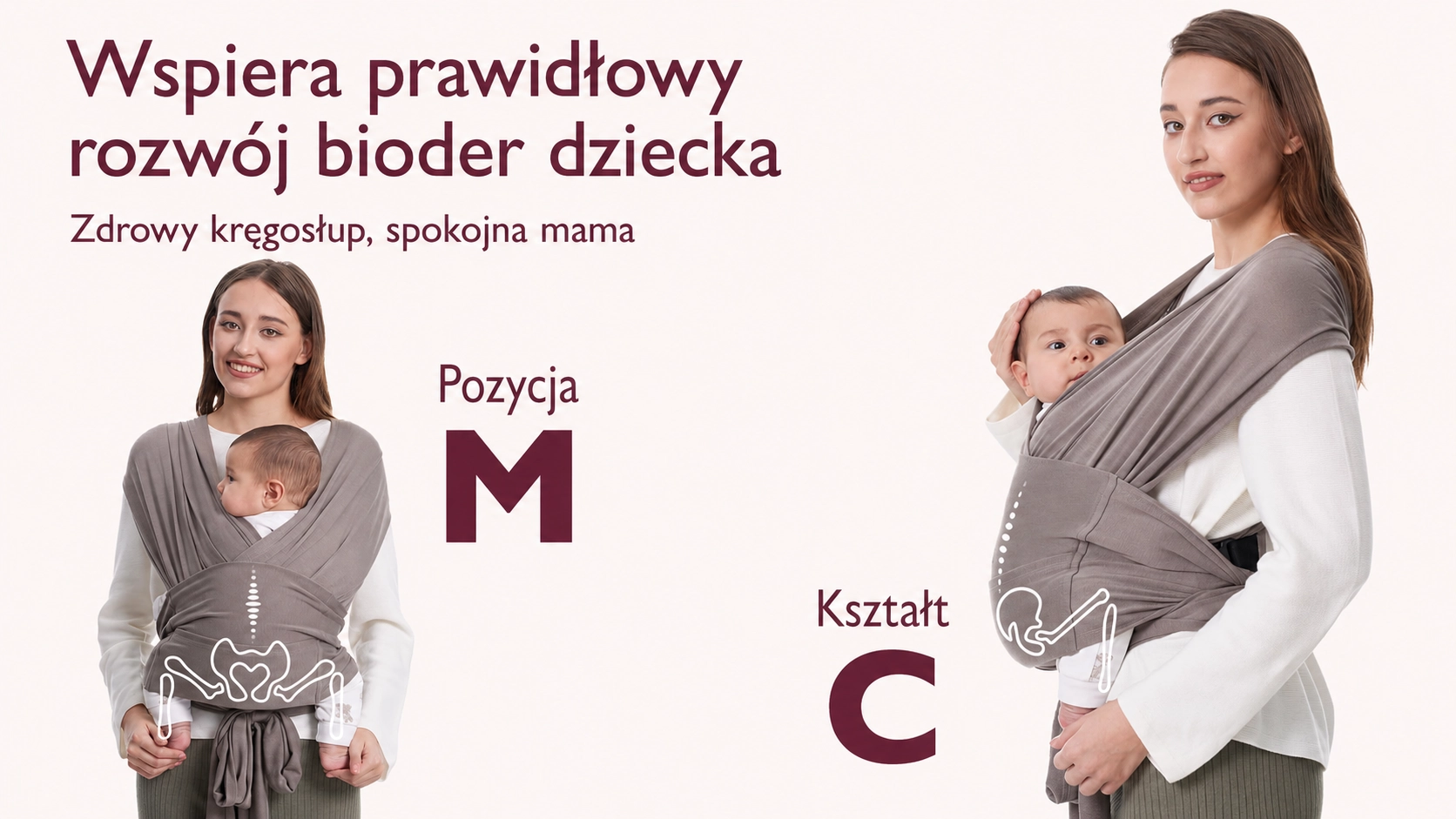 Marsupio a fascia Momcozy M20SSCJ01 Baby Wrap. Due posizioni di trasporto del bambino che illustrano il sano assetto delle anche M e della colonna vertebrale C.