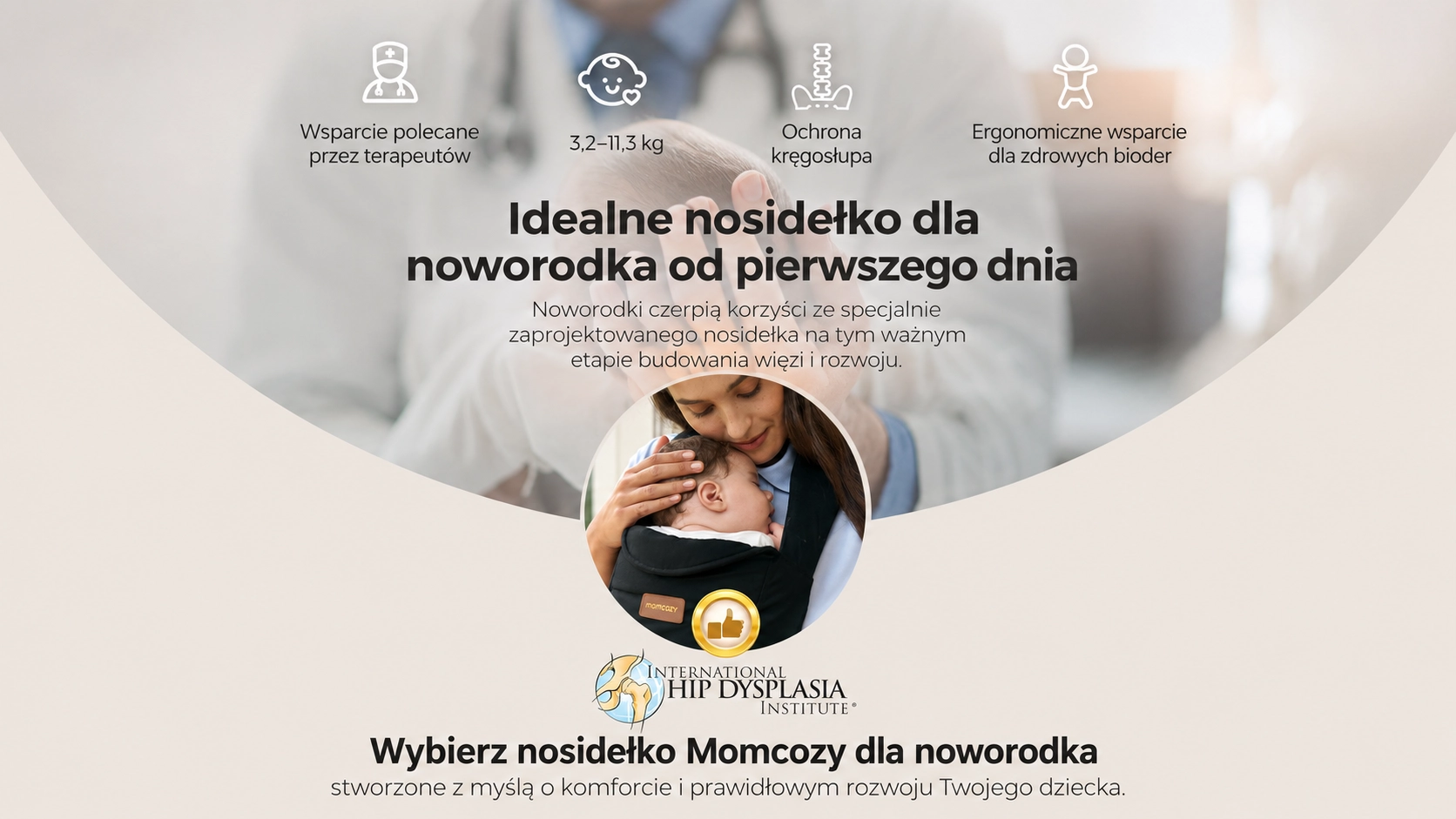 Ergonomic Momcozy CB002 WeeSnug Newborn Carrier Cotton Black carrier. A woman cuddles a newborn in a black carrier.