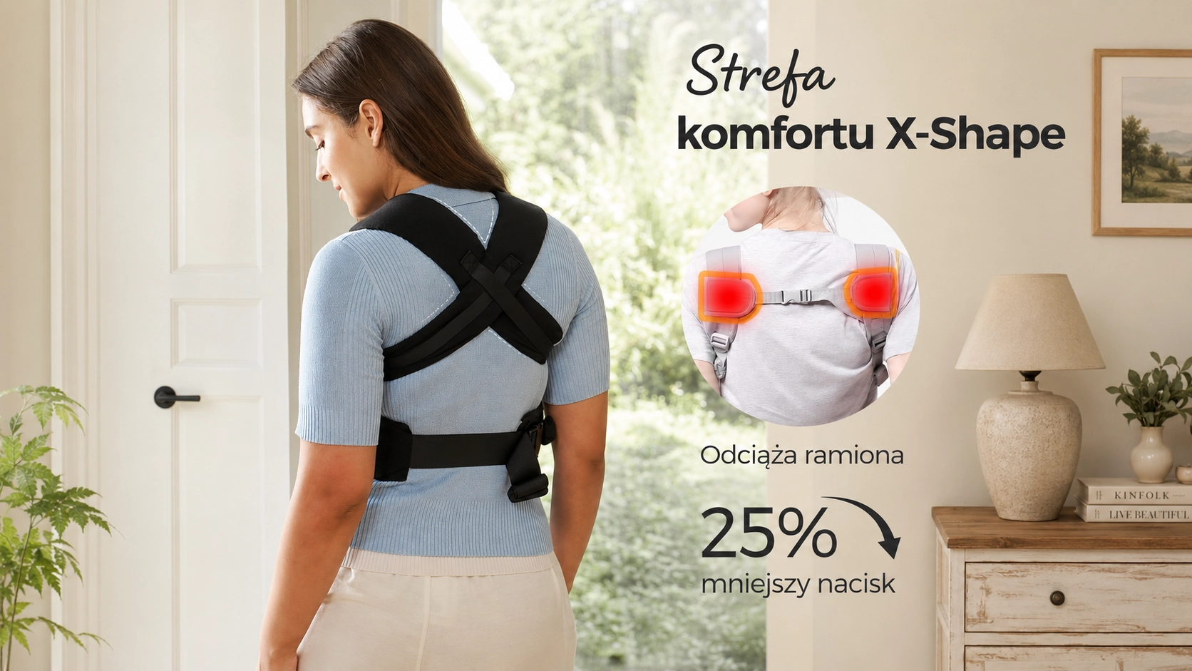 Ergonomic Momcozy CB002 WeeSnug Newborn Carrier Cotton Black carrier. A woman turned away shows the X-Shape straps.