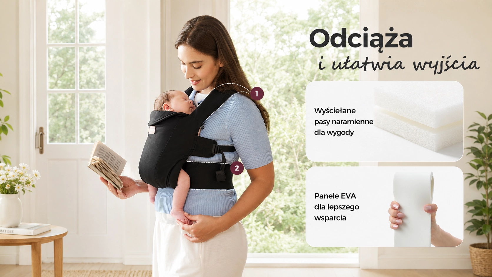 Ergonomic Momcozy CB002 WeeSnug Newborn Carrier Cotton Black carrier. A woman with a book holds a baby in the carrier.