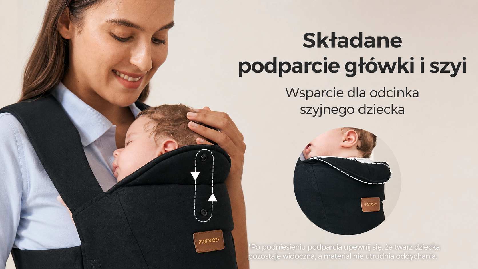Ergonomic Momcozy CB002 WeeSnug Newborn Carrier Cotton Black carrier. Close-up of the foldable neck support collar.